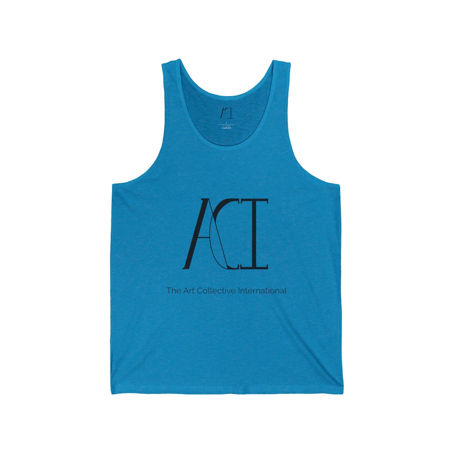 This is the Aqua TriBlend ACI Tank showcasing the image from the front. The ACI logo and "The Art Collective International" printed in black at the middle of the tank. There is the size label printed in white and the ACI logo on the inside of the shirt. The tank is against a white background.