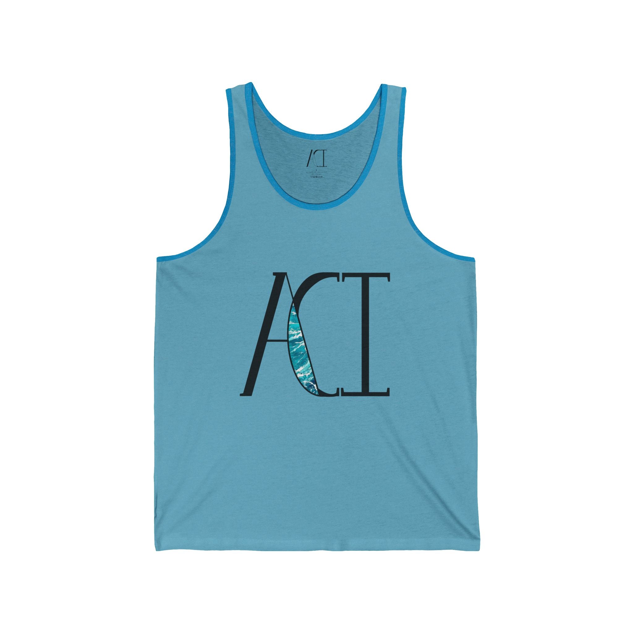 This is the Aqua Triblend ACI Swirling Seas Tank that is part of the Art Collective Merch. It has the ACI logo and size label in black. The ACI logo is placed in the center and has the blue sea illustration where the "A" and "C" connect. It is against a white background. 