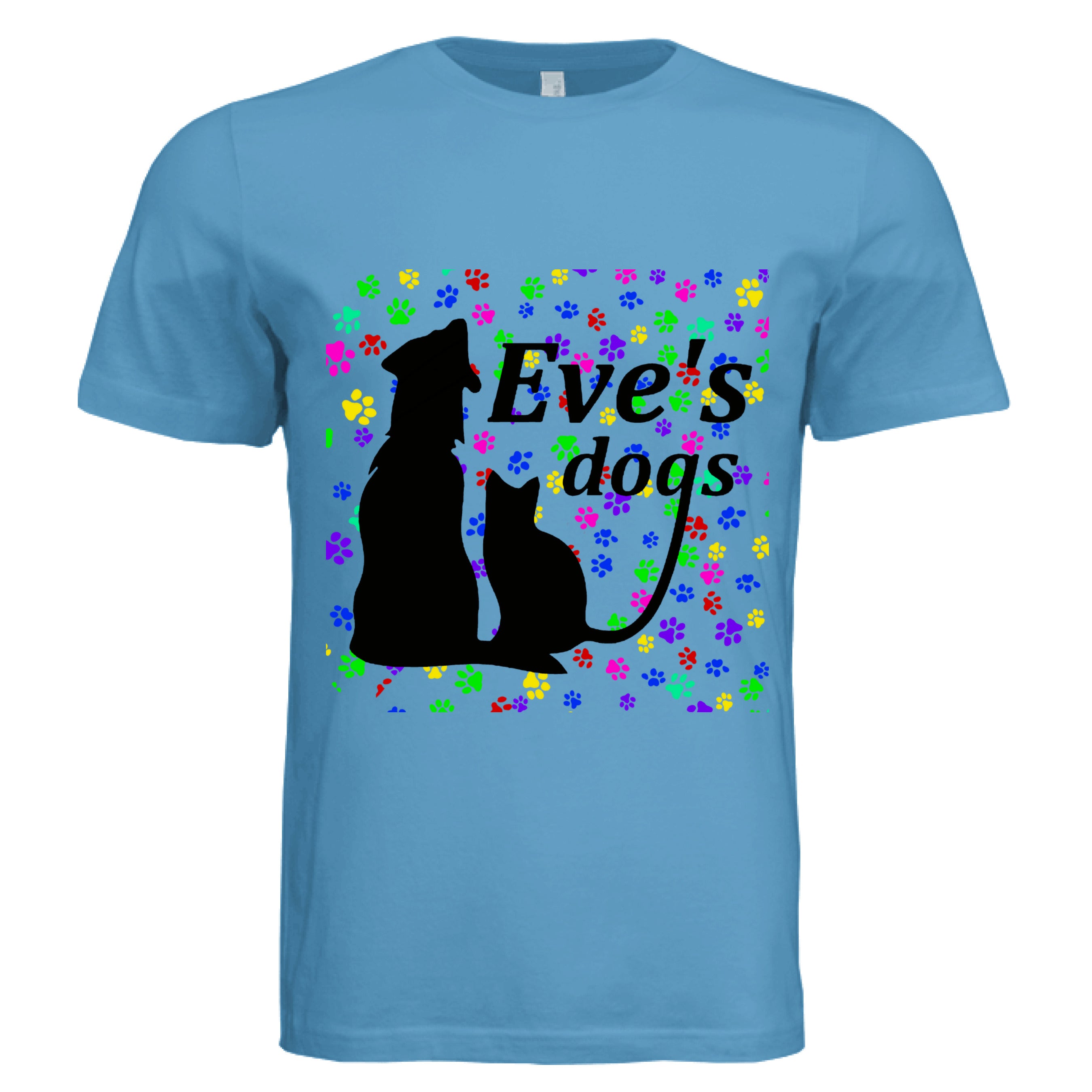 This is the Aqua Paws on Paws Adopt Eve's Dogs T-Shirt to help raise awareness and adopt. This is showcasing the front of the shirt. There is an image of their logo which is in black writing of "Eve's Dogs". The "g" connects to the tail of the cat who is sitting next to the dog. Both are black shadows. The background is colorful paw prints which is bright green, blue pink, yellow and red. The white size label can be seen at the inside of the shirt. It is against a white background.