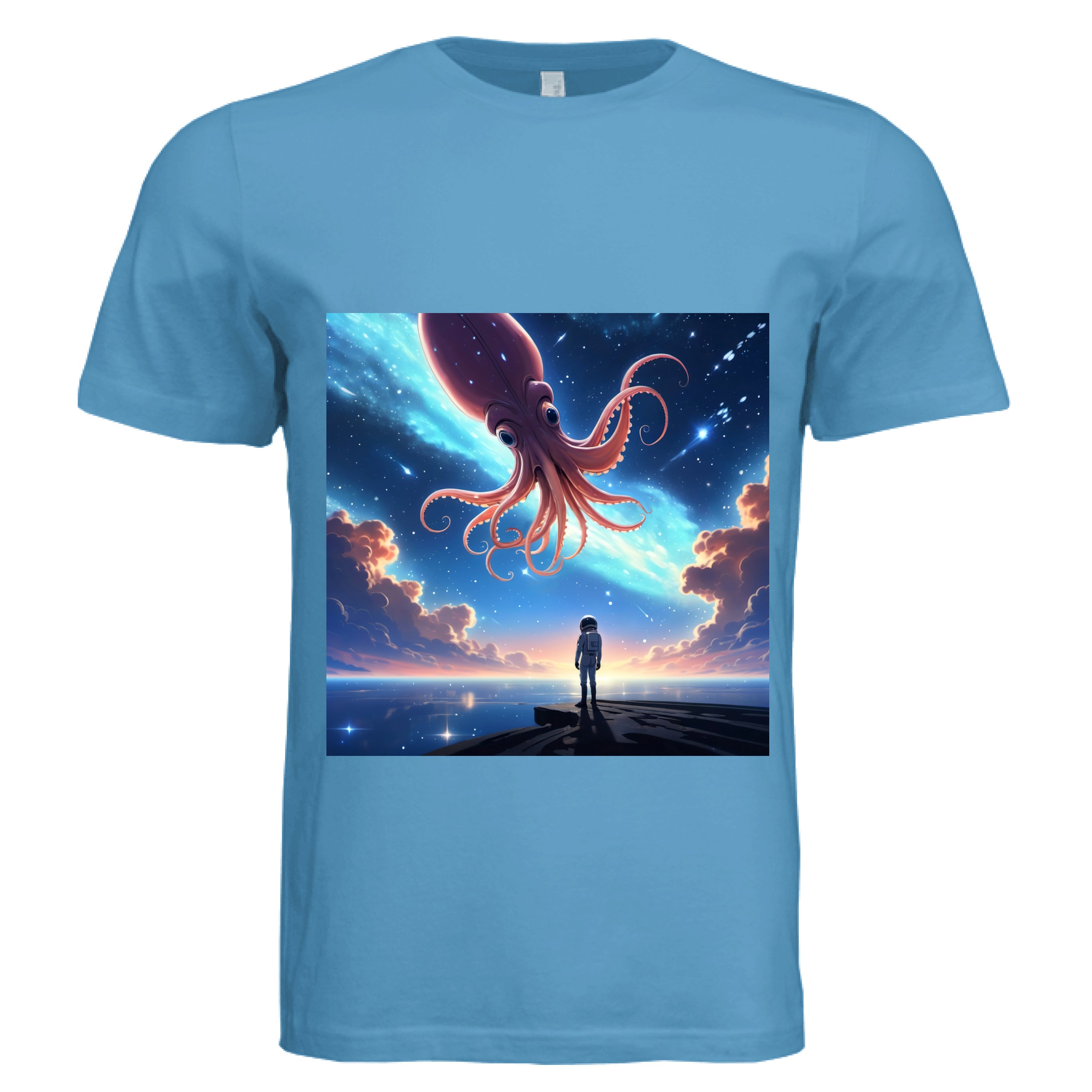 This is the Aqua Star Maker T-Shirt by Lee Hansheng Studios. This is showcasing the front. The illustration features a lone astronaut in white, standing on a dark surface gazing at a pink octo-squid alien, drifting through a sky. The sky is alive with stars, nebulae, and clouds. The clouds are drifting up at the right and left with pink/blue hues. The sky is a light blue and the drifting stars behind the animal is a light blue. It is against a white background. 