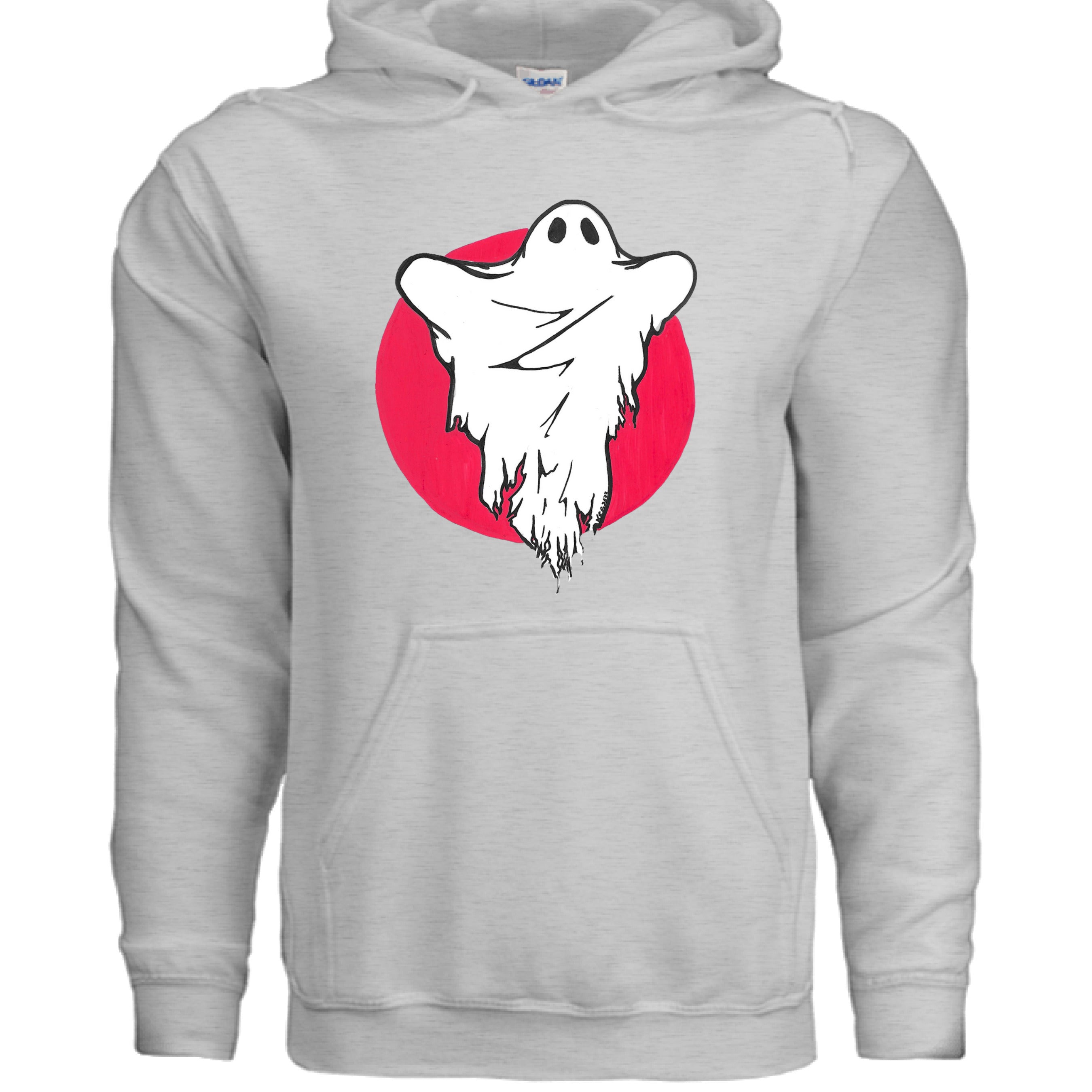 This is the Ash Ghost Hoodie by Storm Garden Studio. This is showcasing the front of the hoodie. The illustration has a red circular background and a white ghost with black outline and black wrinkling around the middle. There are two drawstrings on the hoodie and a large pouch under the illustration. It is against a white background.