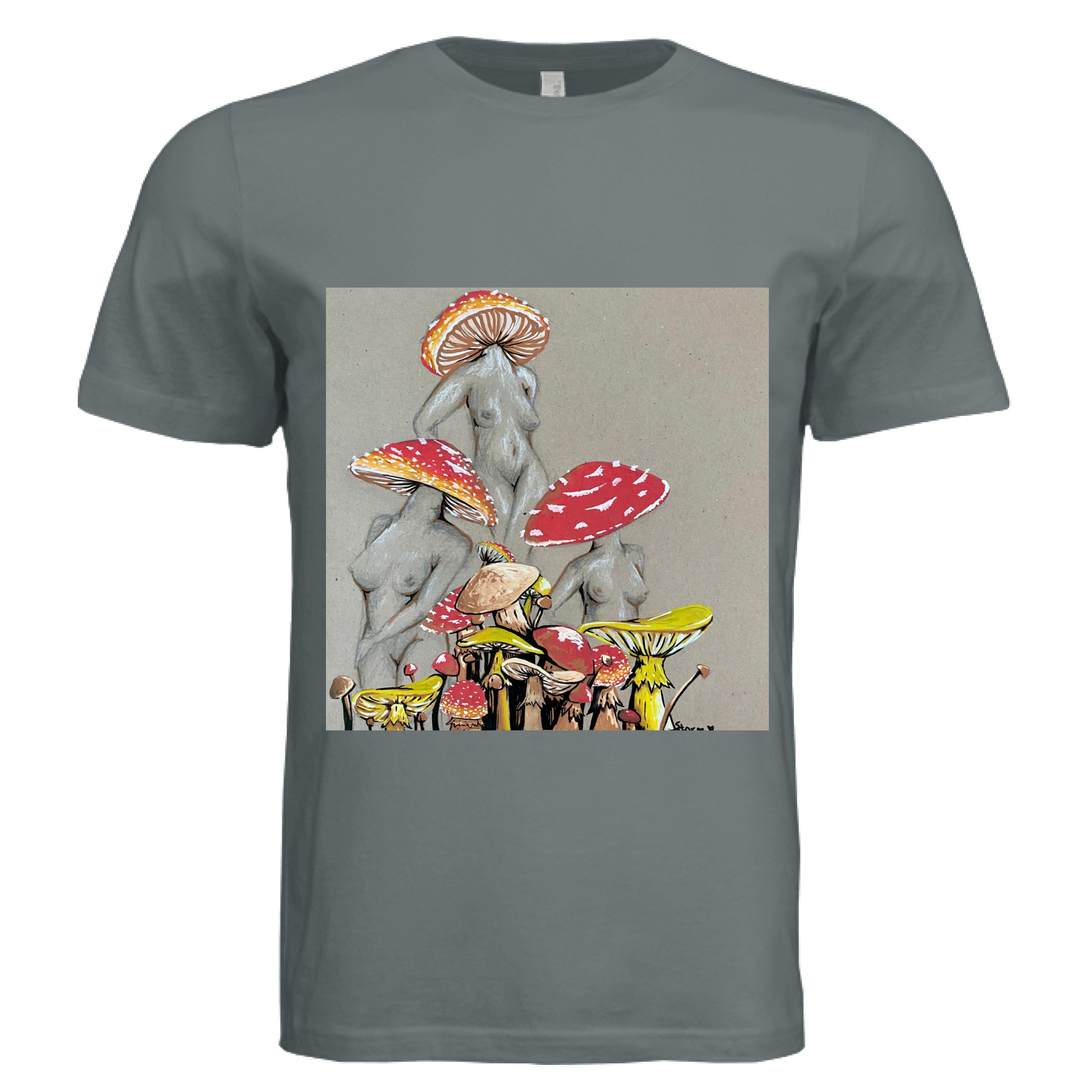 This is the Asphalt Miss Amanita T-Shirt by Storm Garden Studio. This is showcasing the front. This illustration is on tan/grey background. There are three fusions of female human anatomy and mushroom fungi. Their heads are different styles of mushrooms, bodies are a gray/white outlined in brown. Below are different mushrooms and shapes with a mix of tan, red, white and yellow colors. It is against a white background.