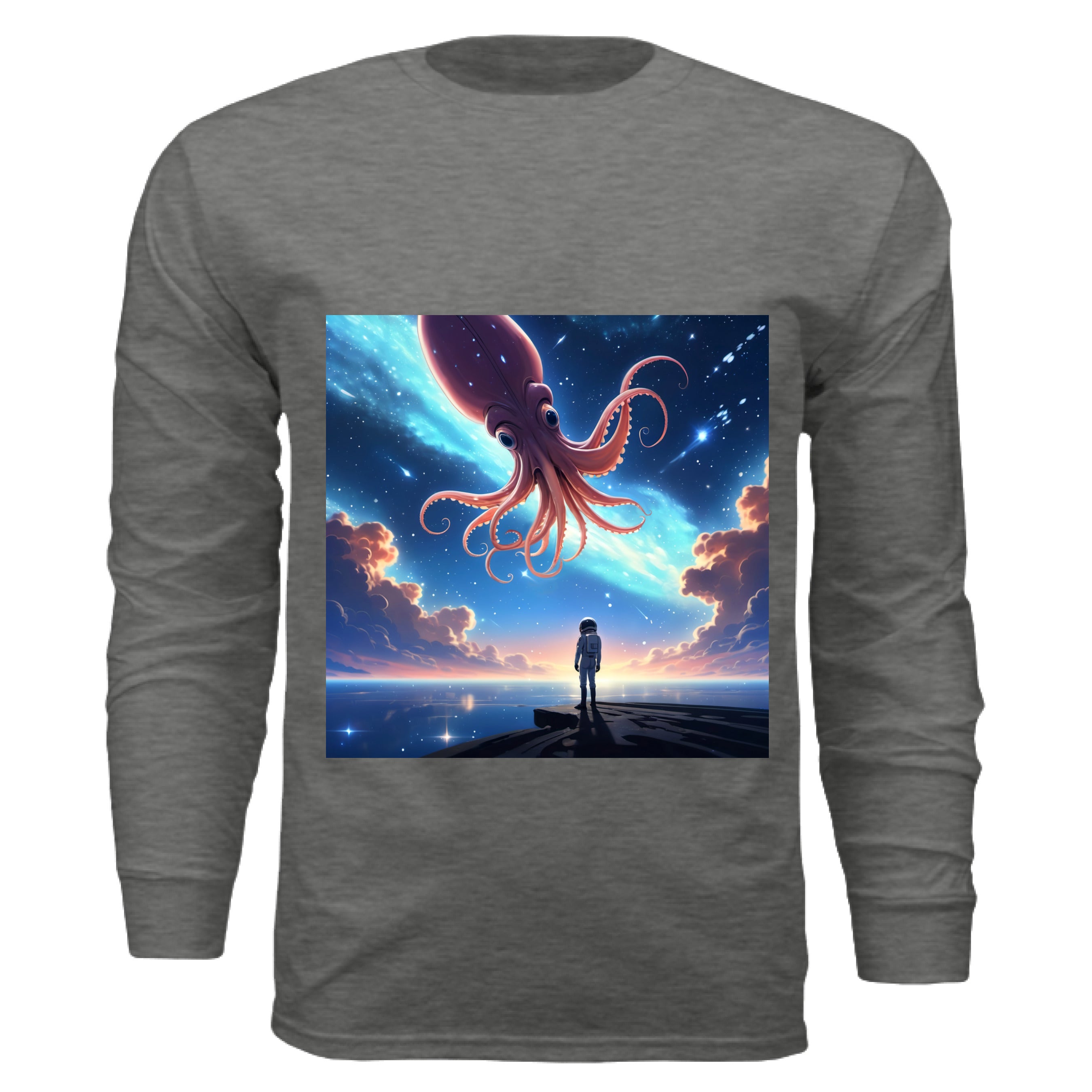 This is the Asphalt Star Maker Long Sleeve by Lee Hansheng Studios. The illustration features a lone astronaut in white, standing on a dark surface gazing at a pink octo-squid alien, drifting through a sky. The sky is alive with stars, nebulae, and clouds. The clouds are drifting up at the right and left with pink/blue hues. The sky is a light blue and the drifting stars behind the animal is a light blue. It is against a white background. 