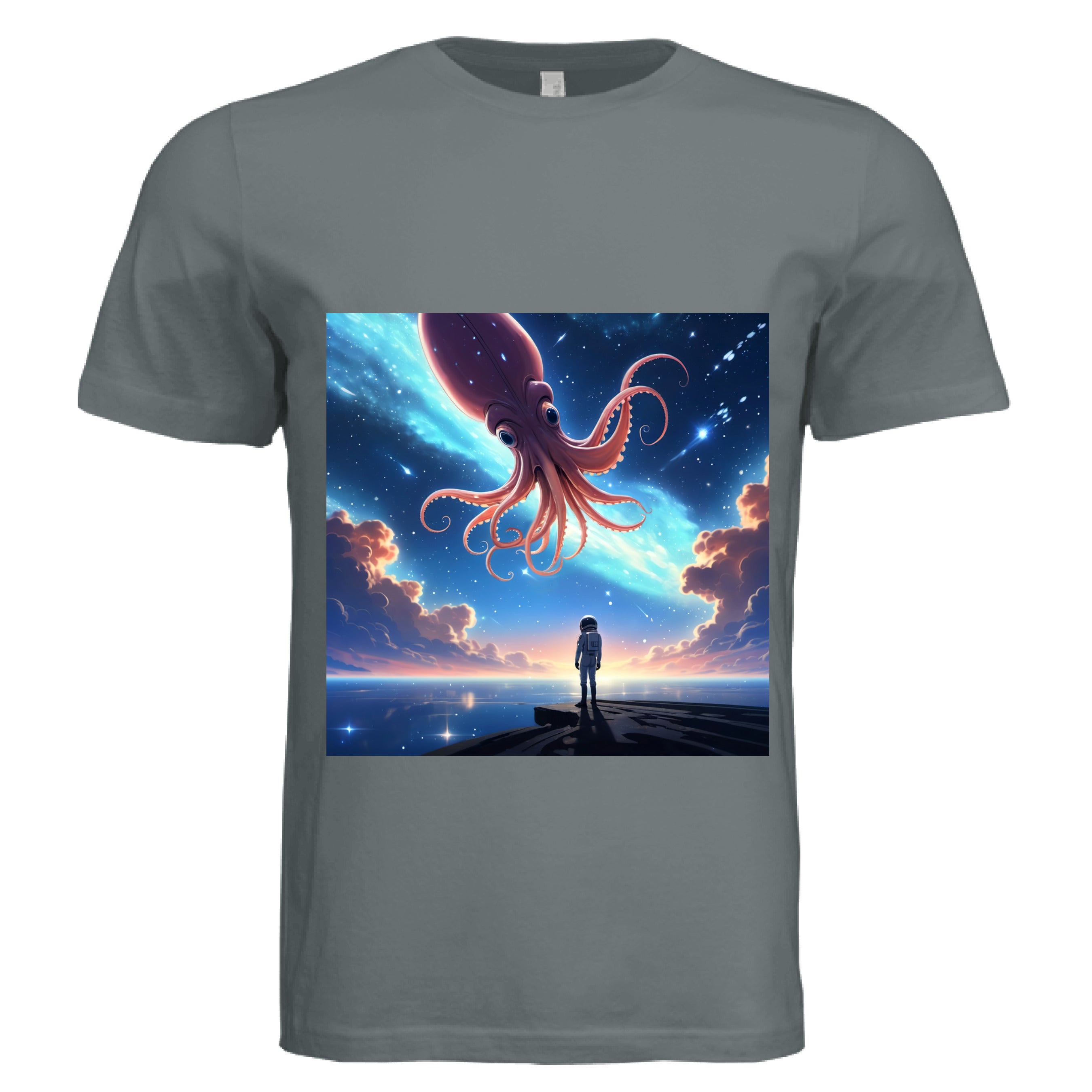 This is the Asphalt Star Maker T-Shirt by Lee Hansheng Studios. This is showcasing the front. The illustration features a lone astronaut in white, standing on a dark surface gazing at a pink octo-squid alien, drifting through a sky. The sky is alive with stars, nebulae, and clouds. The clouds are drifting up at the right and left with pink/blue hues. The sky is a light blue and the drifting stars behind the animal is a light blue. It is against a white background. 