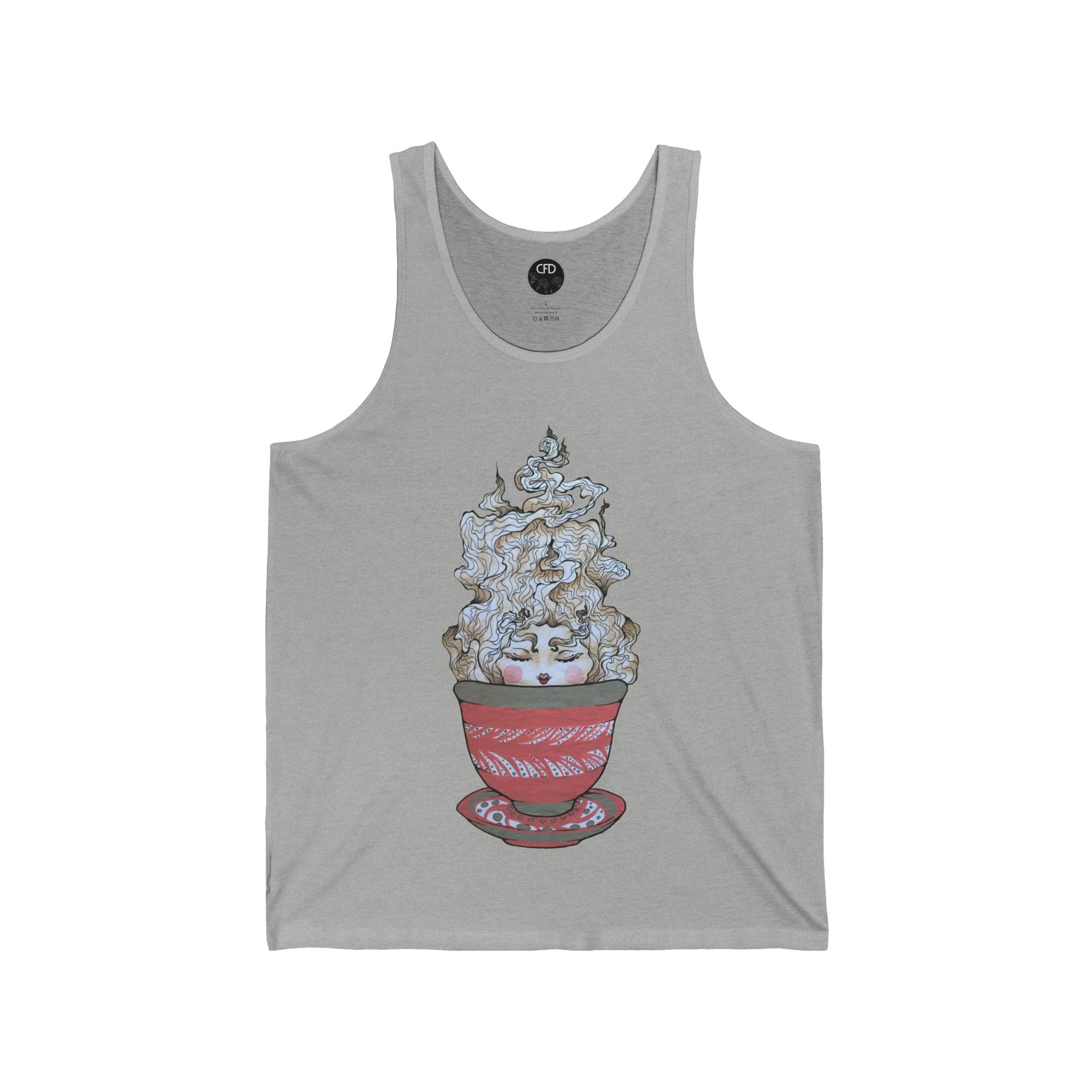 This is the Athletic Heather Green Tea Tank by Chris Foster Design.It comes in sizes XS-2XL and shows the front of the shirt.The illustration is a red,white and dark green teacup with plate set.The mist from the teacup is white and red going upwards.There is a lady face in the middle of the teacup with red blushing cheeks,red open lips and eyebrows that float outwards. On the inside of the shirt is the CFD black circular logo with flowers and print in white. The size label beneath logo is printed in black.
