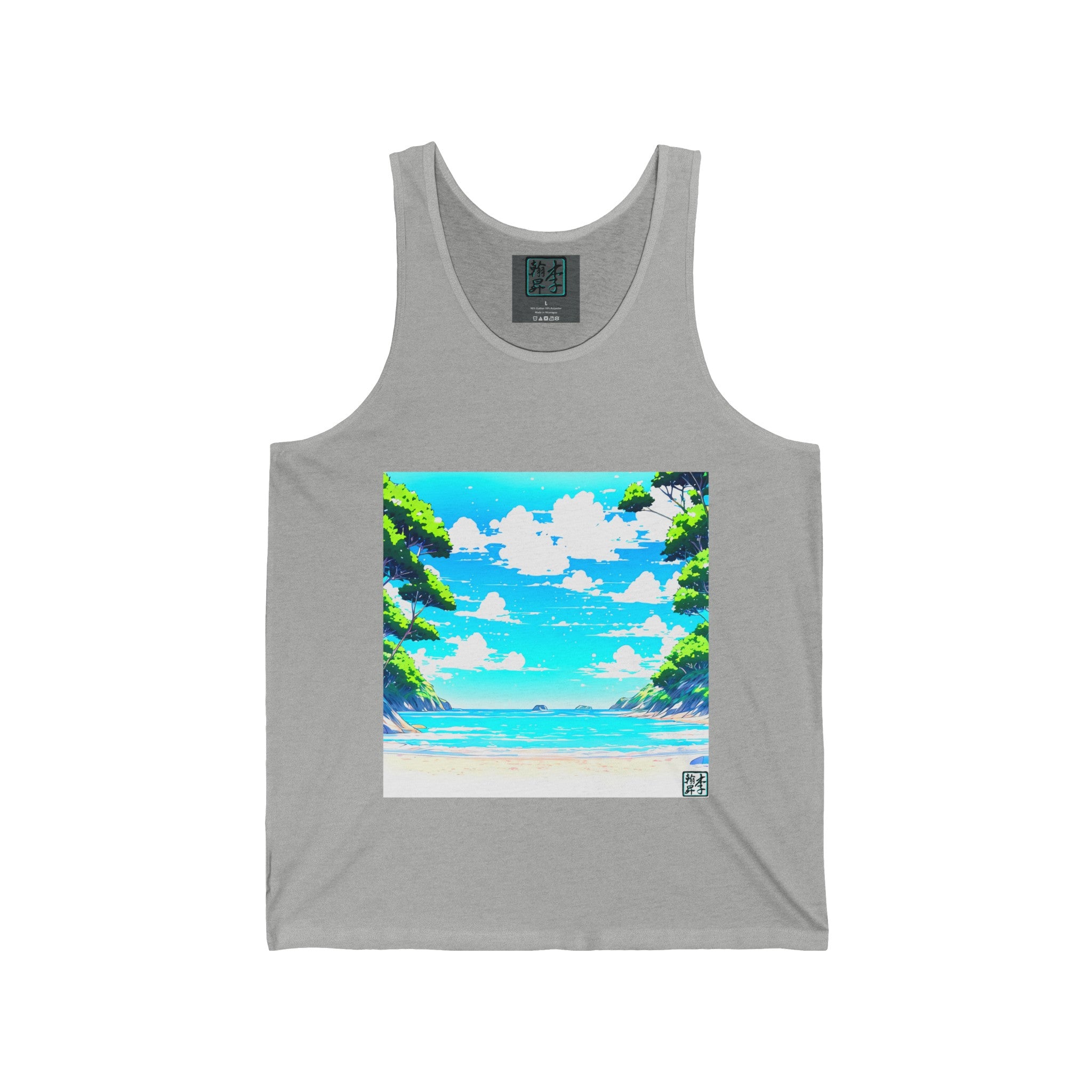 This is the Athletic Heather Tranquil Cove Tank by Lee Hansheng Studios. This is the image tank from the front. The illustration is squared and shows an image from the beach looking outwards. There is bright blue skies, white fluffly clouds reflected in the sea with trees lining both sides. The inside of the tank has the studio's logo in black, outlined in blue on a gray label. The sizes underneath the logo in white. 