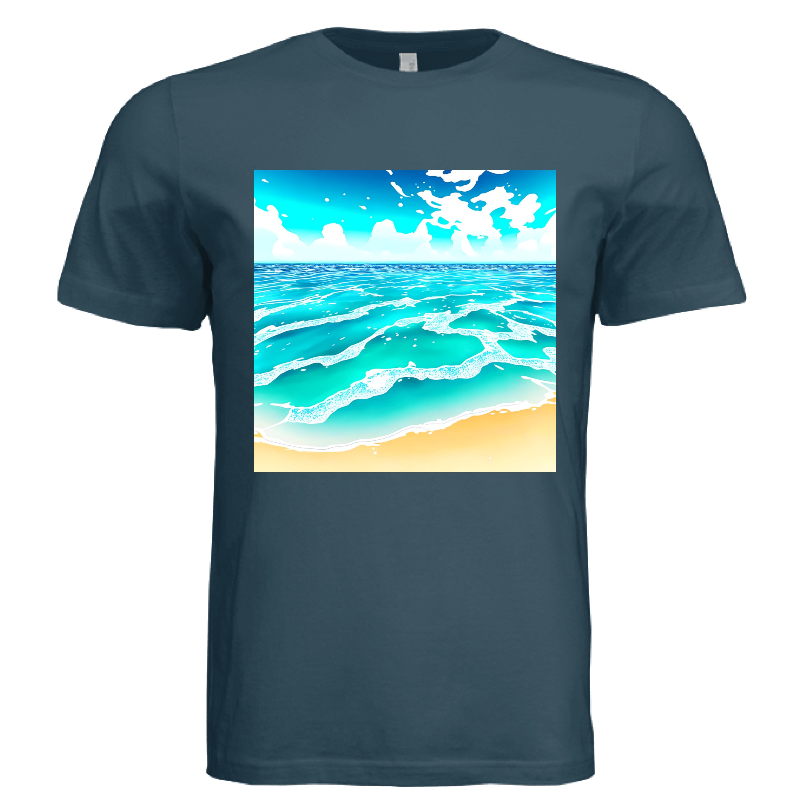This is the Atlantic Beach Life T-Shirt by Lee Hansheng Studios. This showcases the front of the shirt. The squared illustration captures rolling turquoise waves, crisp white foam, and a stretch of golden sand under a brilliant blue sky that has clouds floating in the horizon. The sky is a gradient from light blue to darker blue. The shirt is against a white background. 