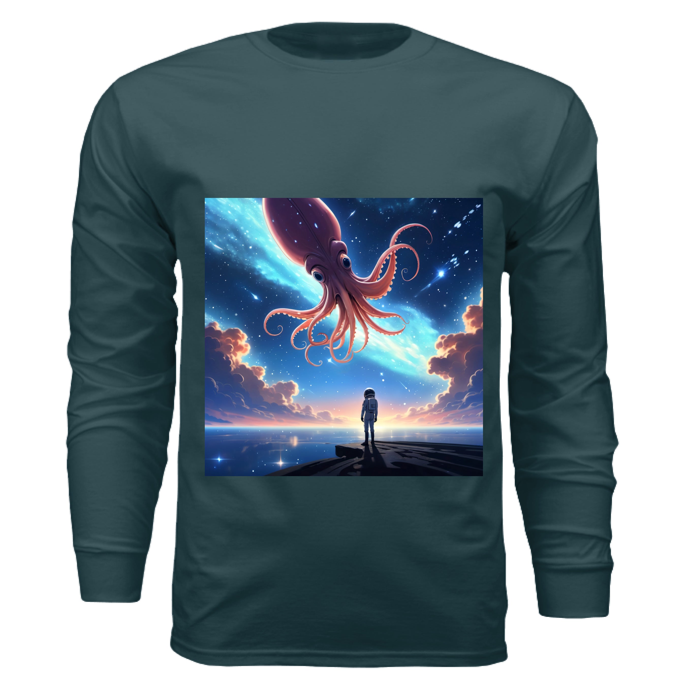 This is the Atlantic Star Maker Long Sleeve by Lee Hansheng Studios. The illustration features a lone astronaut in white, standing on a dark surface gazing at a pink octo-squid alien, drifting through a sky. The sky is alive with stars, nebulae, and clouds. The clouds are drifting up at the right and left with pink/blue hues. The sky is a light blue and the drifting stars behind the animal is a light blue. It is against a white background. 