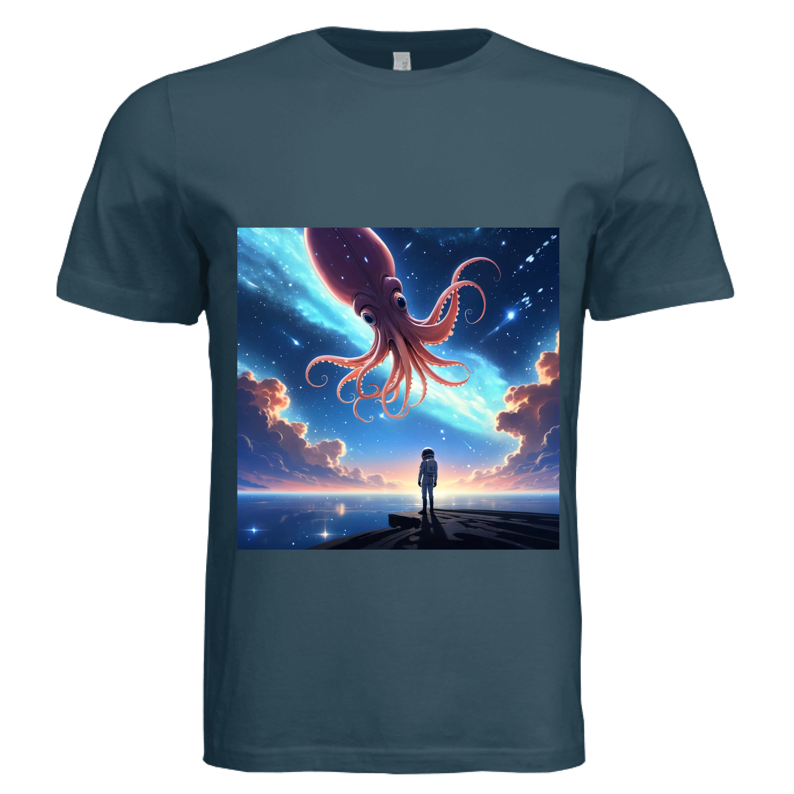 This is the Atlantic Star Maker T-Shirt by Lee Hansheng Studios. This is showcasing the front. The illustration features a lone astronaut in white, standing on a dark surface gazing at a pink octo-squid alien, drifting through a sky. The sky is alive with stars, nebulae, and clouds. The clouds are drifting up at the right and left with pink/blue hues. The sky is a light blue and the drifting stars behind the animal is a light blue. It is against a white background. 