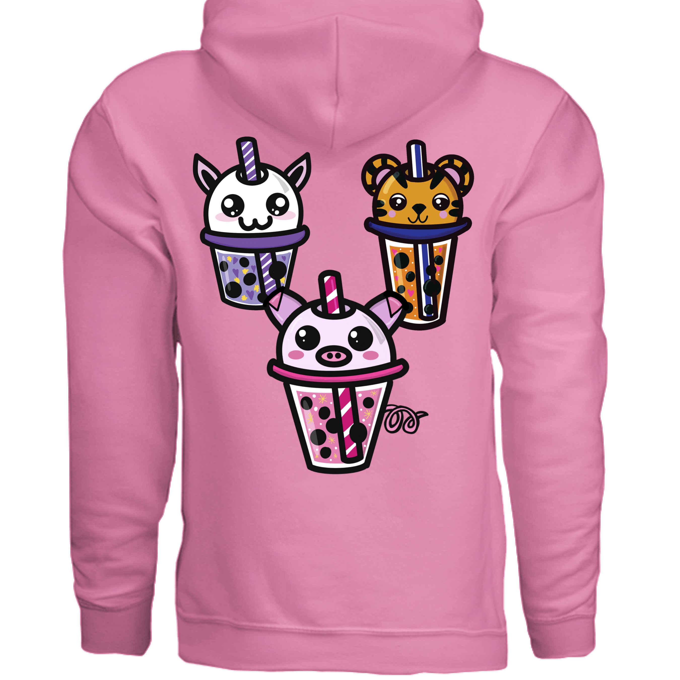 This is the Azalea Boba Friends Hoodie by Dazzle & Daggers Design.This is the back,three kawaii designs.The Piggy Boba is pink all over and the glass has pink liquid, boba, yellow sparkles,white dots and peppermint swirl like.Thai Tea Tiger is orange,orange liquid,black boba,white dots,red hearts,blue and white striped straw.The Cryptid Boba is white, urple and white swirl straw,purple liquid,black boba,yellow stars and purple hearts.The hood with drawstrings and large pocket below the design.