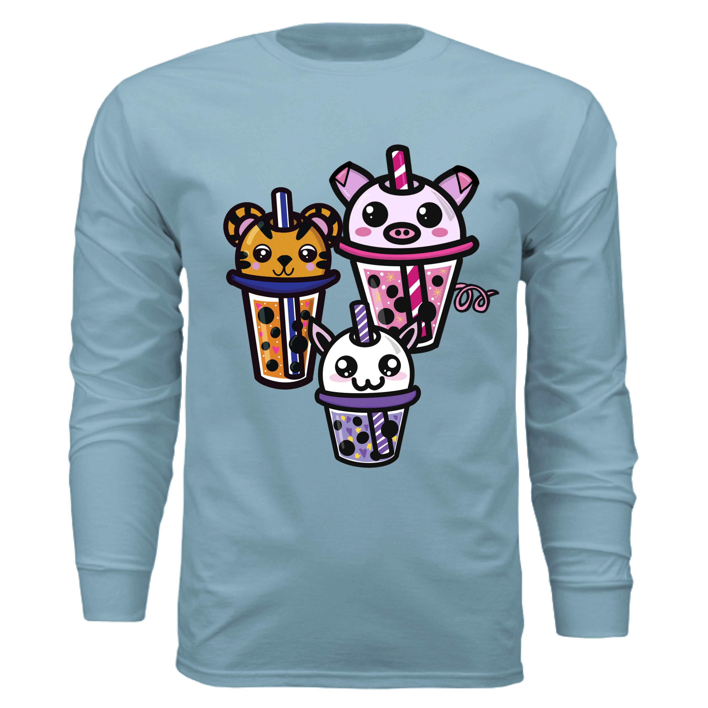 This is the Baby Blue Boba Friends Long Sleeve by Dazzle & Daggers Design. This is showcasing the front the pig is the biggest, then Tiger then Cryptid. The Piggy Boba is pink all over and the glass has pink liquid, boba, yellow sparkles,white dots and peppermint swirl like. Thai Tea Tiger is orange, orange liquid, black boba, white dots, red hearts, blue and white striped straw. The Cryptid Boba is white, purple and white swirl straw, purple liquid, black boba, yellow stars and purple hearts.