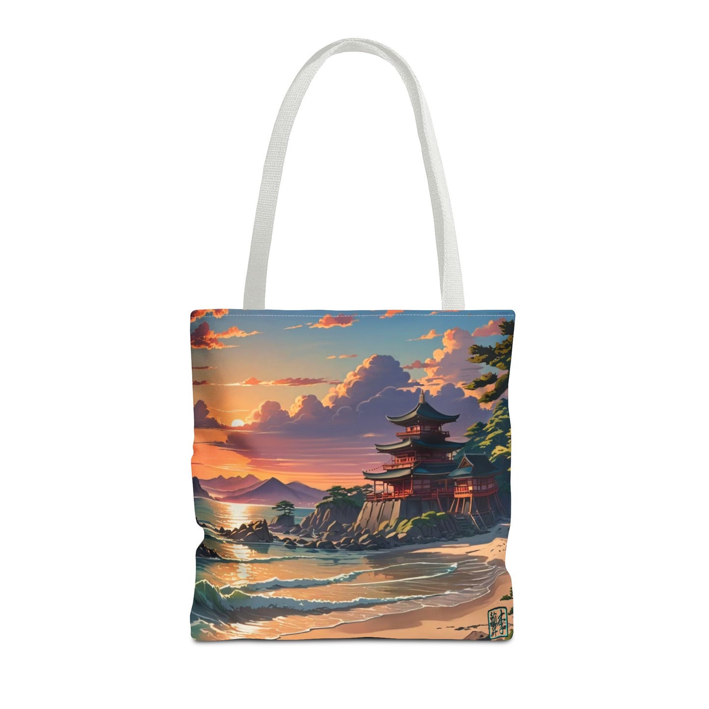 This is the Beige 13" x 13" Temple of Peace All-over Print Tote Bag by Lee Hansheng Studios.The illustration shows a setting red/orange sun above clouds,two blue roof,brown/red walled temples on the right on top of the hills,mountains,blue/white waves into sand and a forest to the right.On the bottom right corner is the logo printed in black for the studio and outlined in blue. The tote is against a white background.