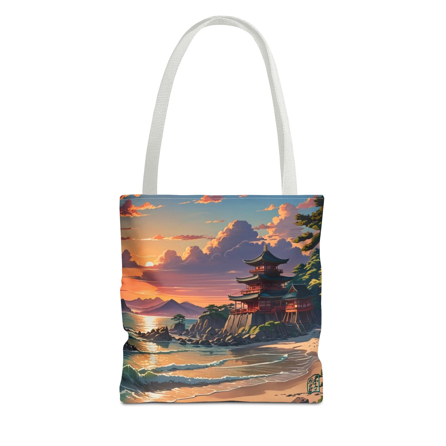 This is the Beige 13" x 13" Temple of Peace All-over Print Tote Bag by Lee Hansheng Studios.The illustration shows a setting red/orange sun above clouds,two blue roof,brown/red walled temples on the right on top of the hills,mountains,blue/white waves into sand and a forest to the right.On the bottom right corner is the logo printed in black for the studio and outlined in blue. The tote is against a white background.