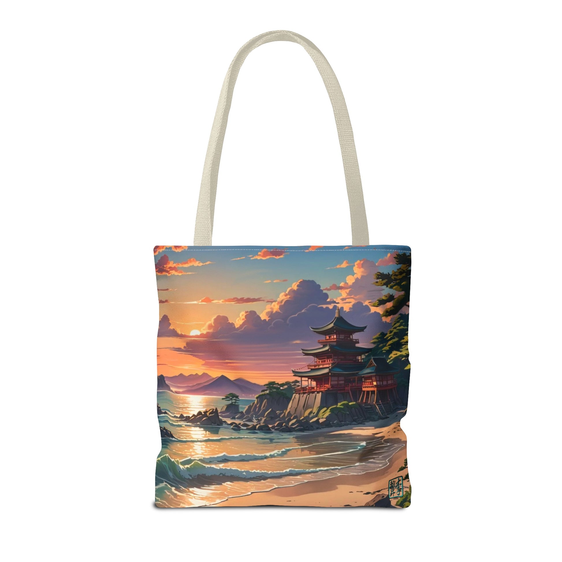 This is the Beige 16" x 16" Temple of Peace All-over Print Tote Bag by Lee Hansheng Studios.The illustration shows a setting red/orange sun above clouds,two blue roof,brown/red walled temples on the right on top of the hills,mountains,blue/white waves into sand and a forest to the right.On the bottom right corner is the logo printed in black for the studio and outlined in blue. The tote is against a white background.