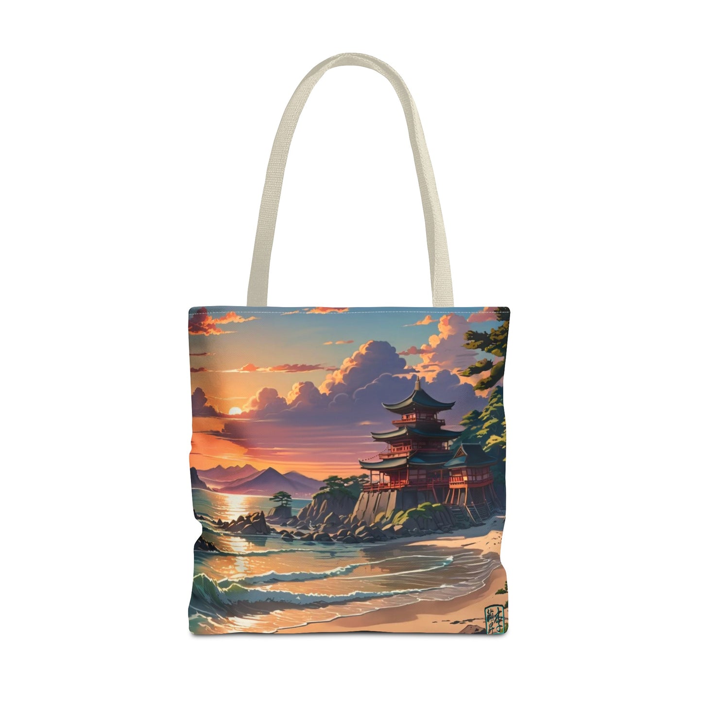 This is the Beige 16" x 16" Temple of Peace All-over Print Tote Bag by Lee Hansheng Studios.The illustration shows a setting red/orange sun above clouds,two blue roof,brown/red walled temples on the right on top of the hills,mountains,blue/white waves into sand and a forest to the right.On the bottom right corner is the logo printed in black for the studio and outlined in blue. The tote is against a white background.