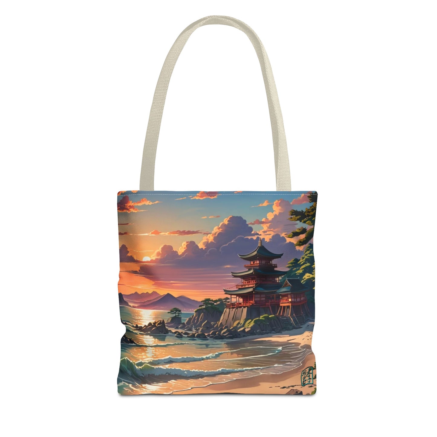 This is the Beige 16" x 16" Temple of Peace All-over Print Tote Bag by Lee Hansheng Studios.The illustration shows a setting red/orange sun above clouds,two blue roof,brown/red walled temples on the right on top of the hills,mountains,blue/white waves into sand and a forest to the right.On the bottom right corner is the logo printed in black for the studio and outlined in blue. The tote is against a white background.