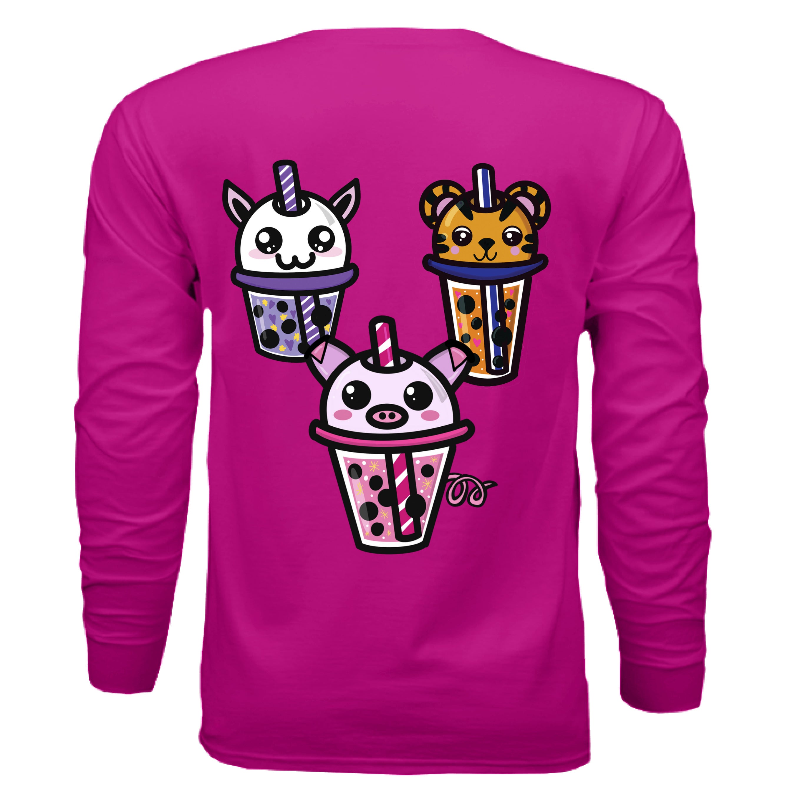 This is the Berry Boba Friends Long Sleeve by Dazzle & Daggers Design. This is showcasing the back that features three kawaii designs in a triangle.The Piggy Boba is pink all over and the glass has pink liquid, boba, yellow sparkles,white dots and peppermint swirl like. Thai Tea Tiger is orange, orange liquid, black boba, white dots, red hearts, blue and white striped straw. The Cryptid Boba is white, purple and white swirl straw, purple liquid, black boba, yellow stars and purple hearts.