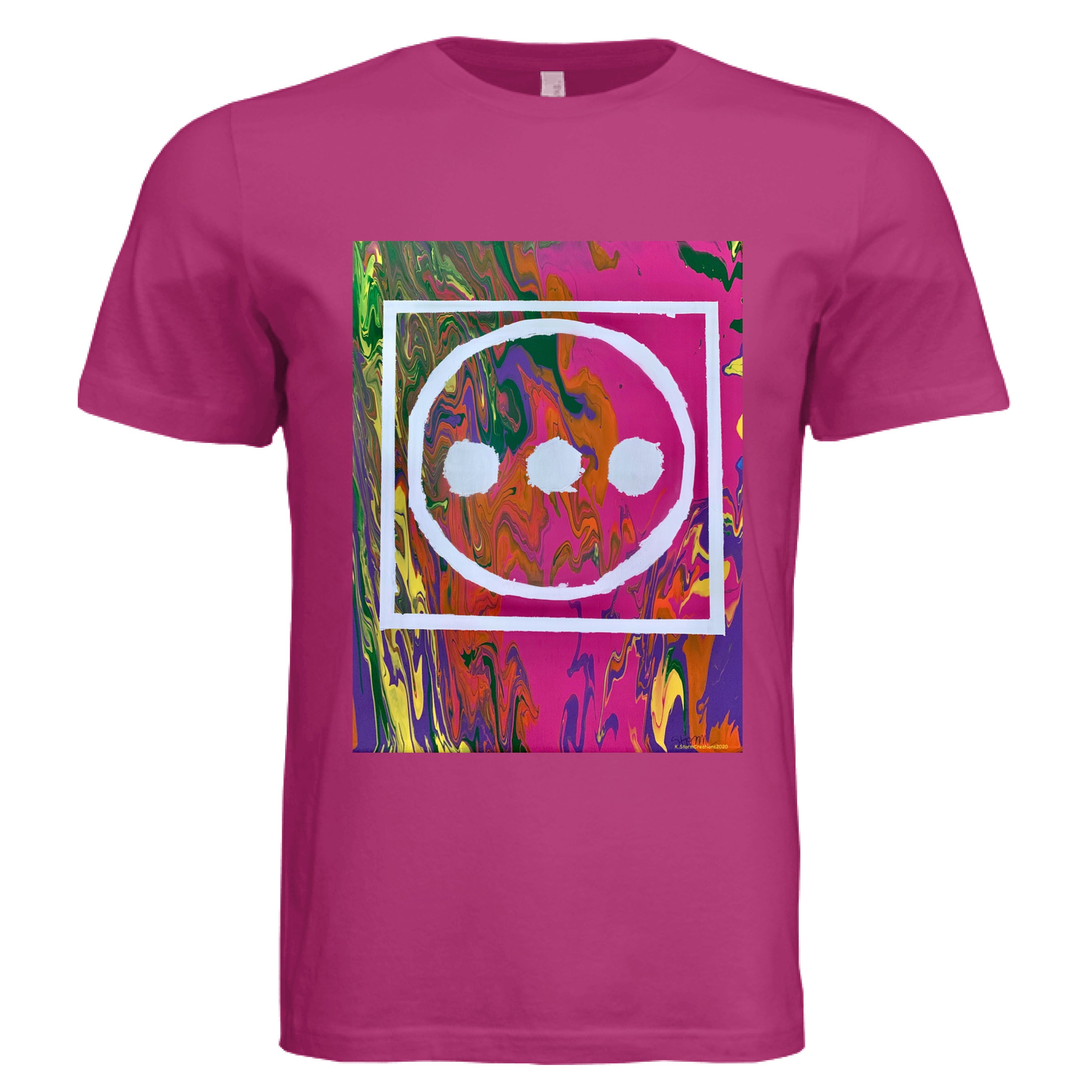 This is the Berry High T-Shirt by Storm Garden Studio. This image is showcasing the front of the shirt. The illustration is vibrant with pink, orange, yellow, green and purple colors in the background with "...", outlined circle and outline square in white. It is against a white background. 