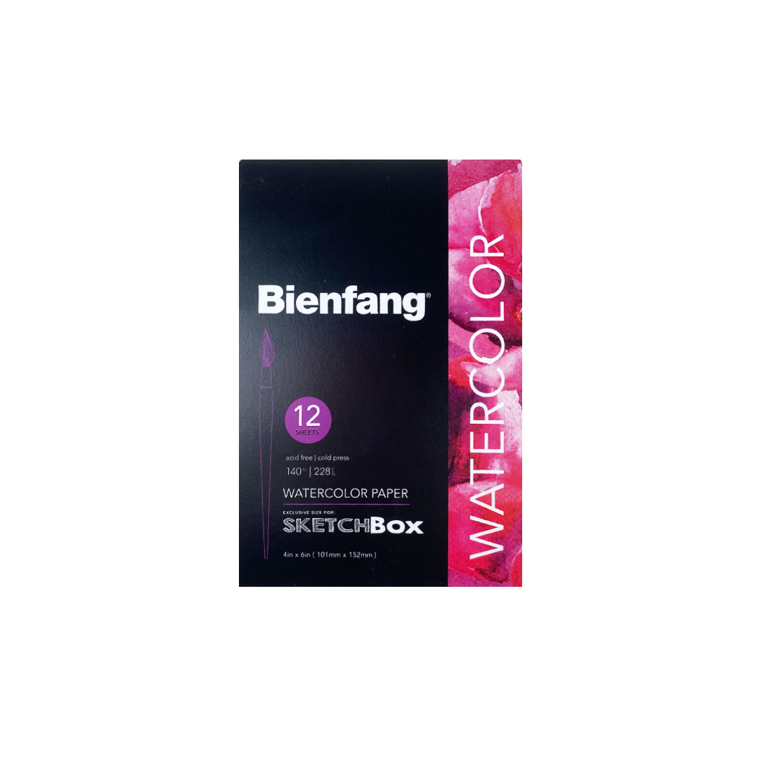 This is the Bienfang Watercolor Paper that is 4x6. There are 12 sheets and exclusive for SKETCHBOX. It is a black cover that sheets are in with a purple outline of a paintbrush to the left and bright red to the right that says "Watercolor". It is against a white background. 