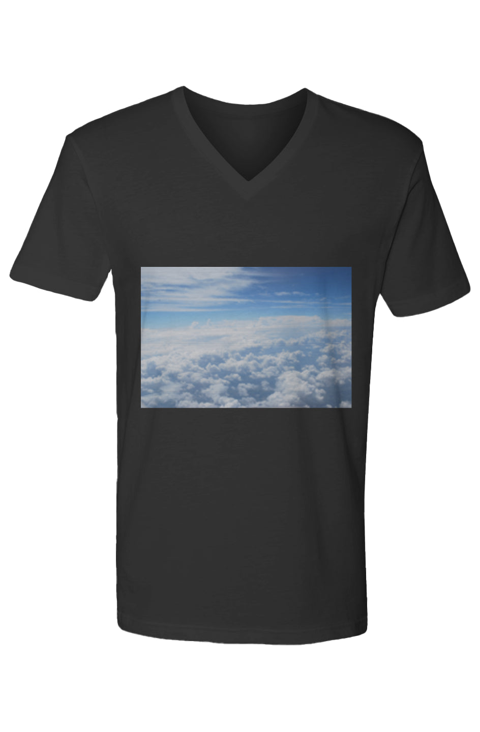 This is the Black Above the Clouds V-Neck T-Shirt by Lee Hansheng Studios. The rectangular stunning photograph of clouds captured from 36,000 feet above the earth, a breathtaking perspective that showcases the soft, ethereal beauty of the horizon. It is bright blue, dark blue, fluffs and streaks of clouds on the shirt. The shirt is against a white background. 