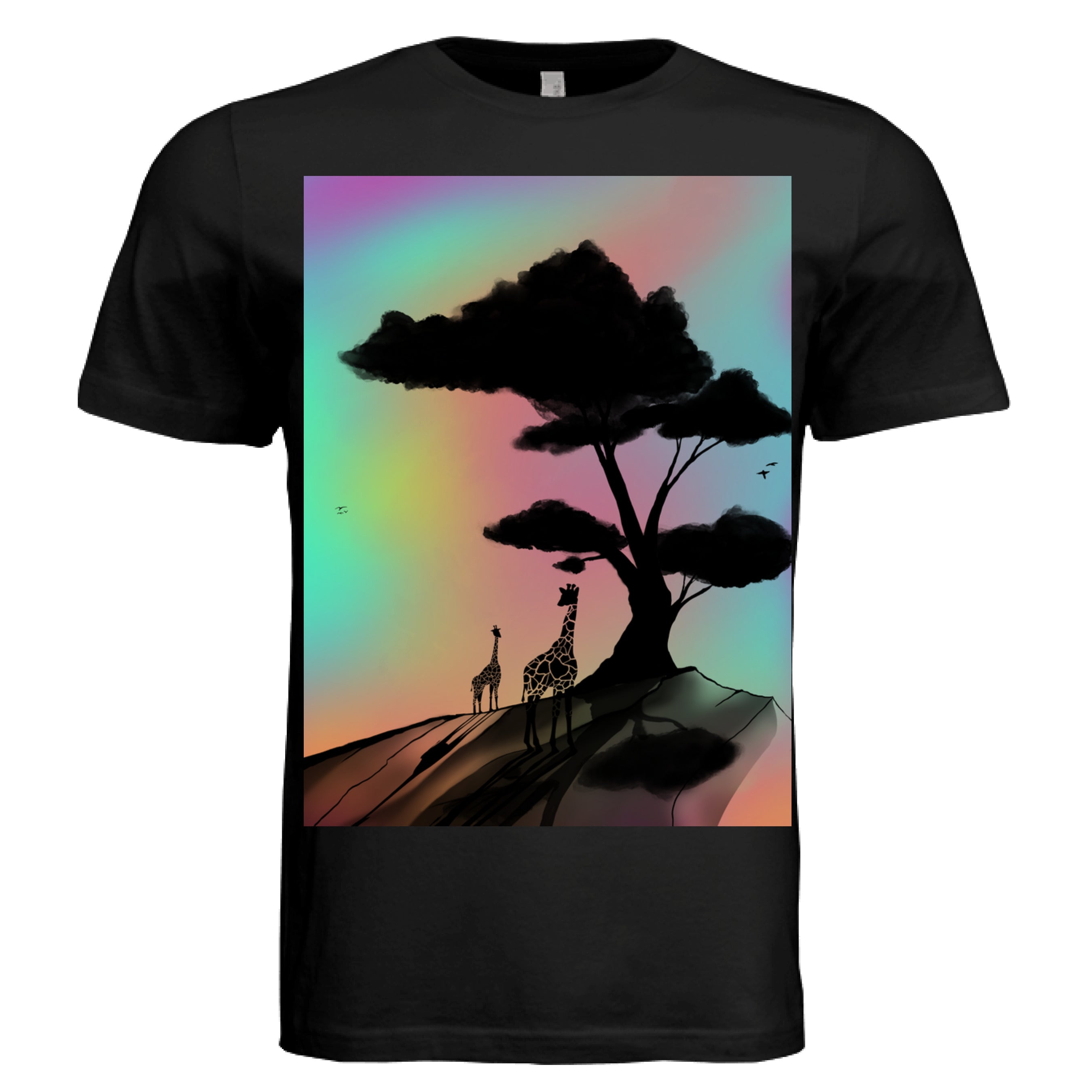 This is the Black At A Glance T-Shirt by Lee Hansheng Studios. This is showcasing the front of the shirt. The illustration is a sillouhette of a large tree, two giraffes on a rocky hill. In the background are hues and gradients of green, yellow, purple, and red. The giraffes are looking towards to each other. It is against a white background.