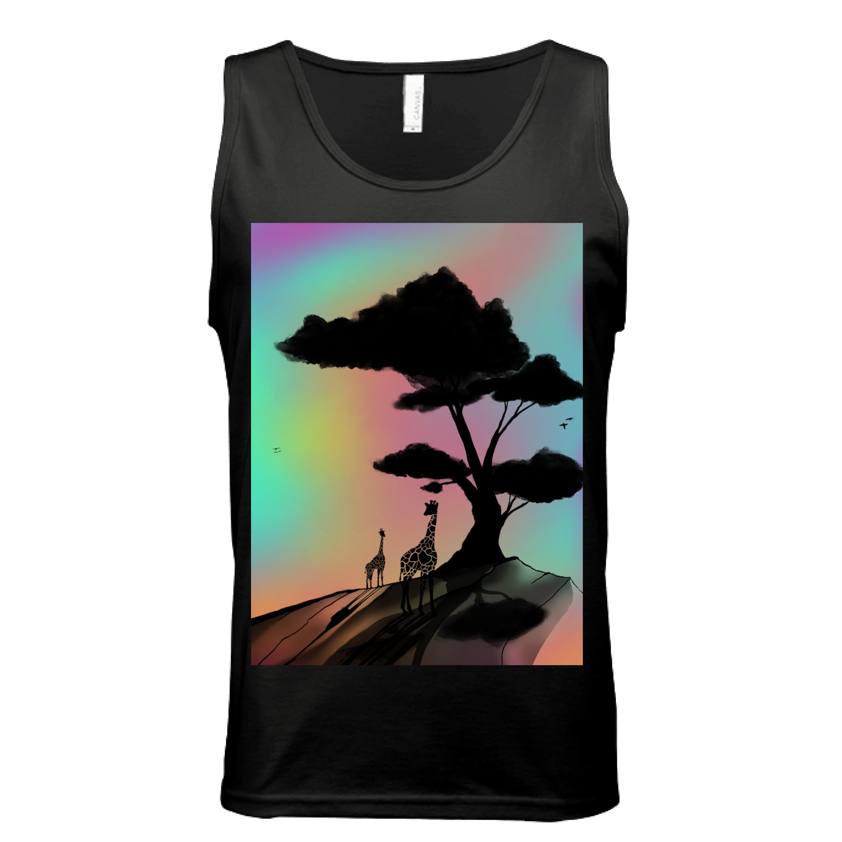This is the Black At A Glance Tank by Lee Hansheng Studios. This is showcasing the front of the tank. The illustration is a sillouhette of a large tree, two giraffes on a rocky hill. In the background are hues and gradients of green, yellow, purple, and red. The giraffes are looking towards to each other. It is against a white background.