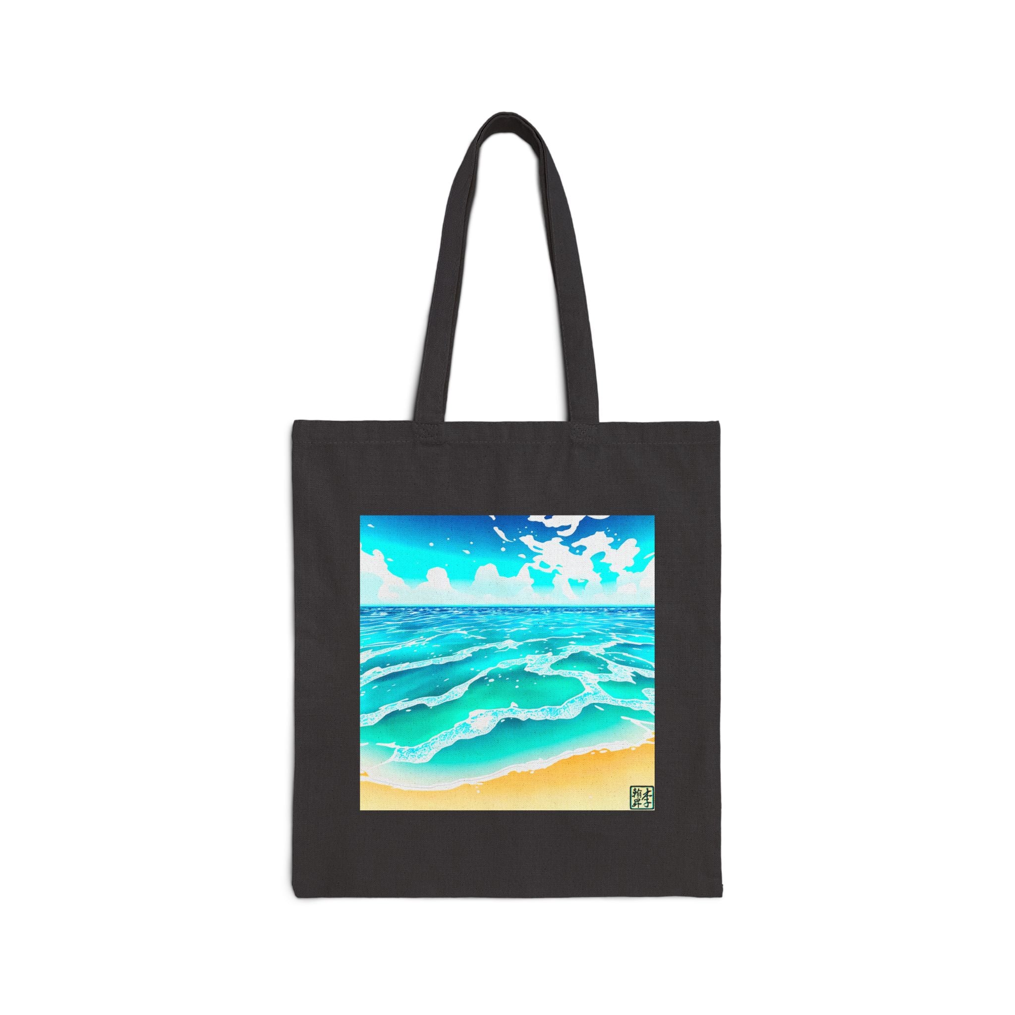 This is the Black Beach Life Canvas Tote by Lee Hansheng Studios. The illustration is squared. The foreground has sand and the studio logo on the right corner outlined in blue. The waves are crashing into the sand with fluffly clouds in the back. There are mixes of blue, light blue, white, orange and tan colors.