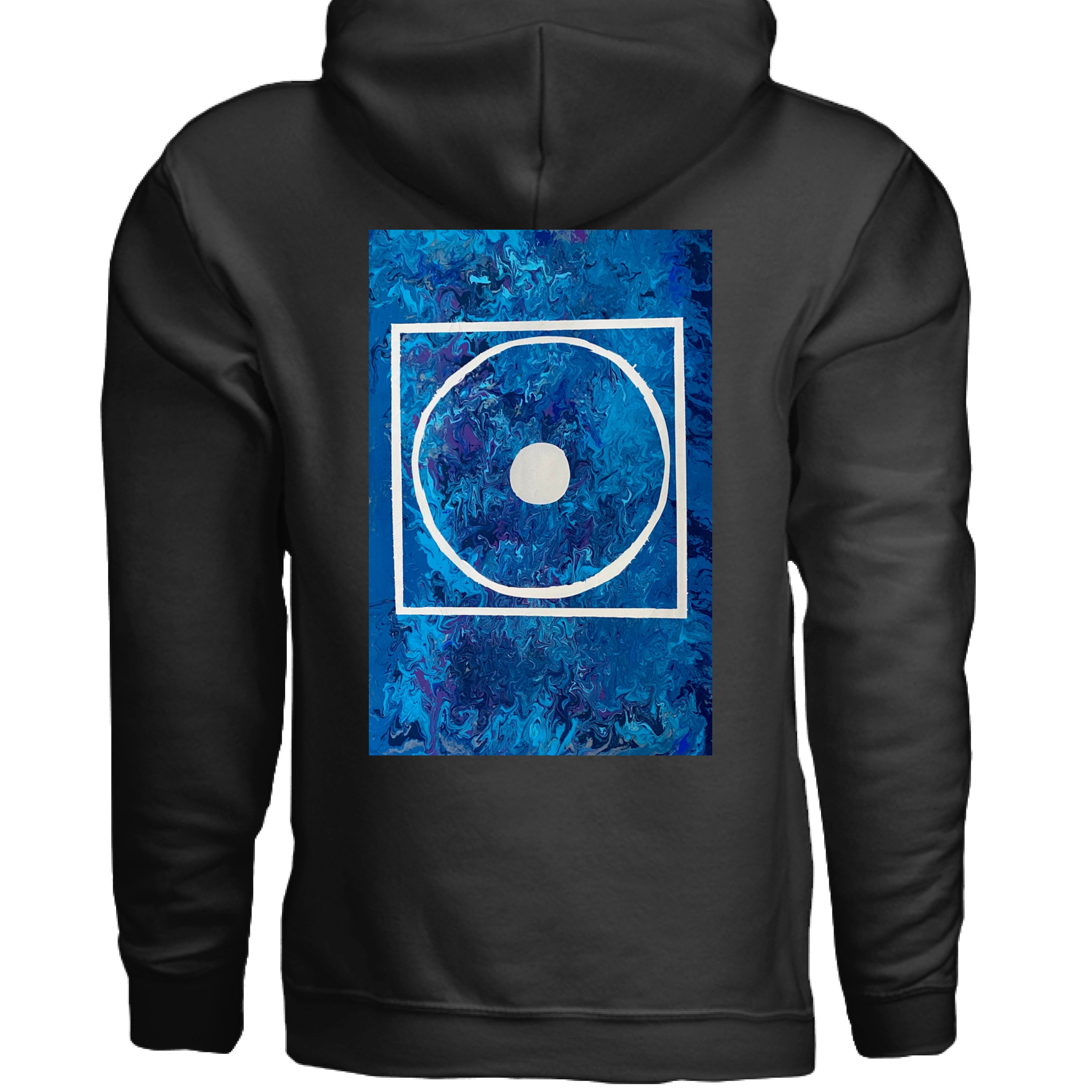 This is the Black Big Low Hoodie by Storm Garden Studio. This is showcasing the back of the hoodie. The illustration is rectangular and has a white filled in dot, within a outlined circle, within a outlined rectangle. The background is a mix and dip of different blues. The back has the hood and right below is the illustration. There isn't anything below the illustration. The hoodie is against a white background.