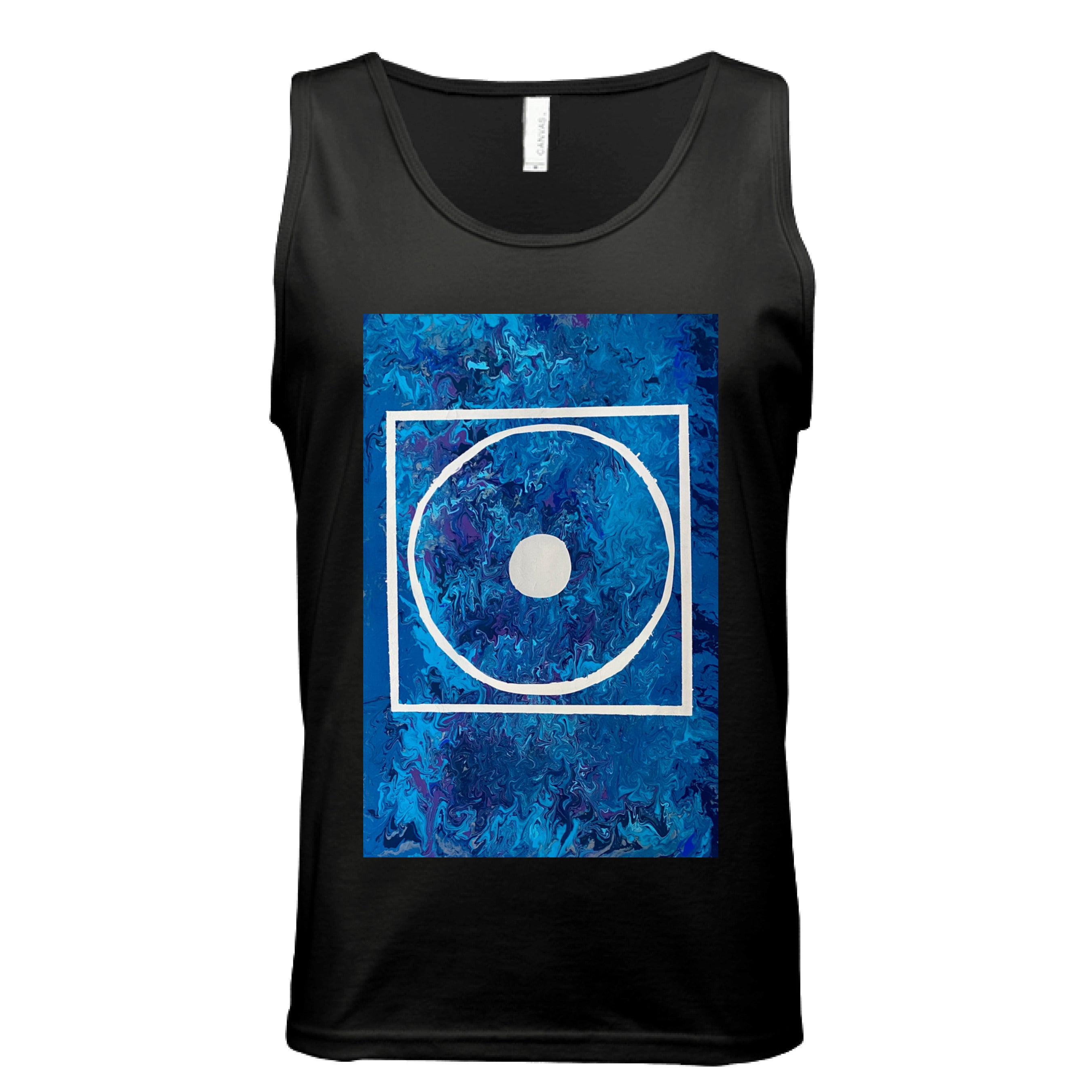 This is the Black Big Low Tank by Storm Garden Studio. This is showcasing the front of the tank. The illustration is rectangular and has a white filled in dot, within a outlined circle, within a outlined rectangle. The background is a mix and dip of different blues. It is against a white background.