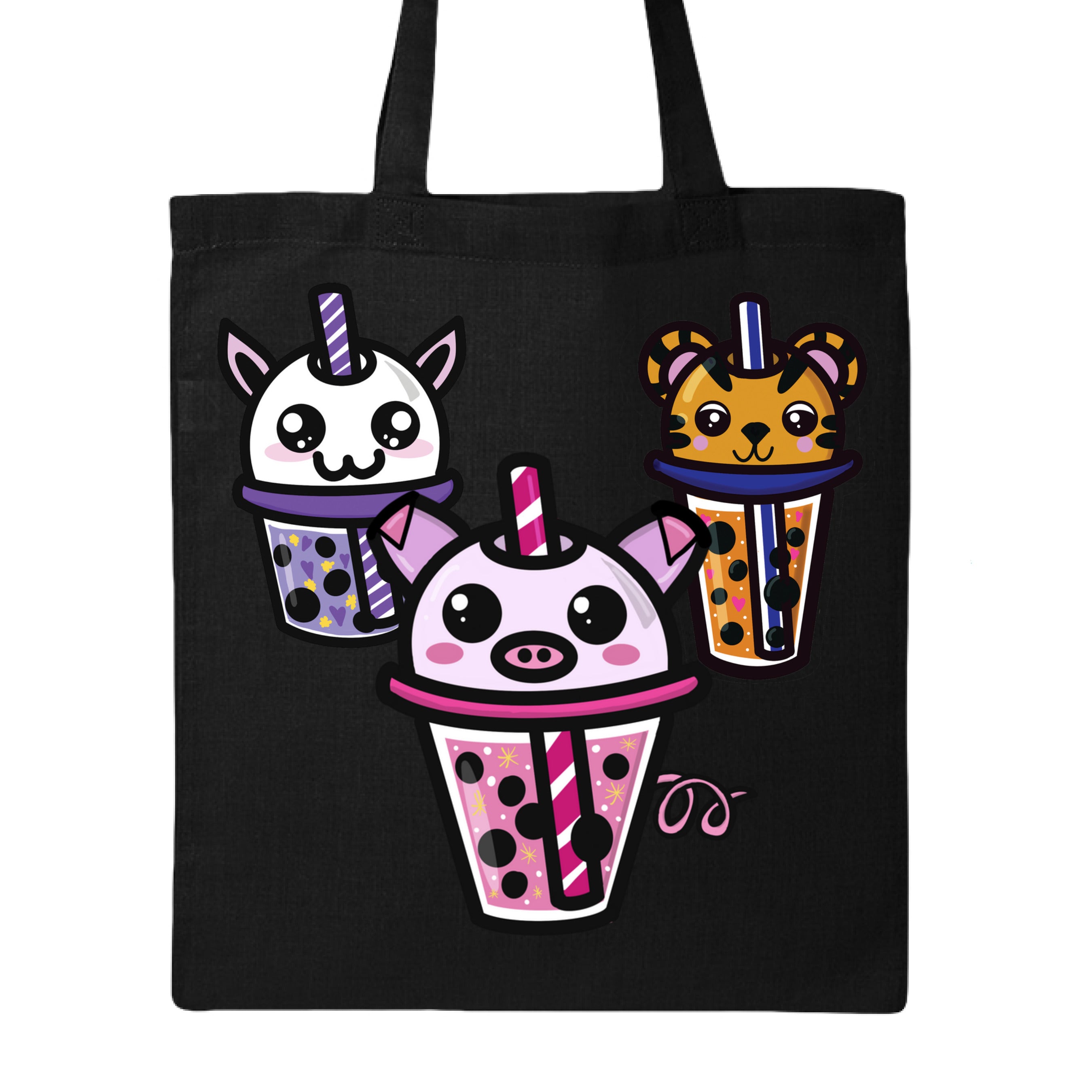 This is the Black Boba Friends Canvas Tote by Dazzle & Daggers Design. This is showcasing the front that features three kawaii designs.The Piggy Boba is pink all over and the glass has pink liquid, boba, yellow sparkles,white dots and peppermint swirl like. Thai Tea Tiger is orange, orange liquid, black boba, white dots, red hearts, blue and white striped straw. The Cryptid Boba is white, purple and white swirl straw, purple liquid, black boba, yellow stars and purple hearts.