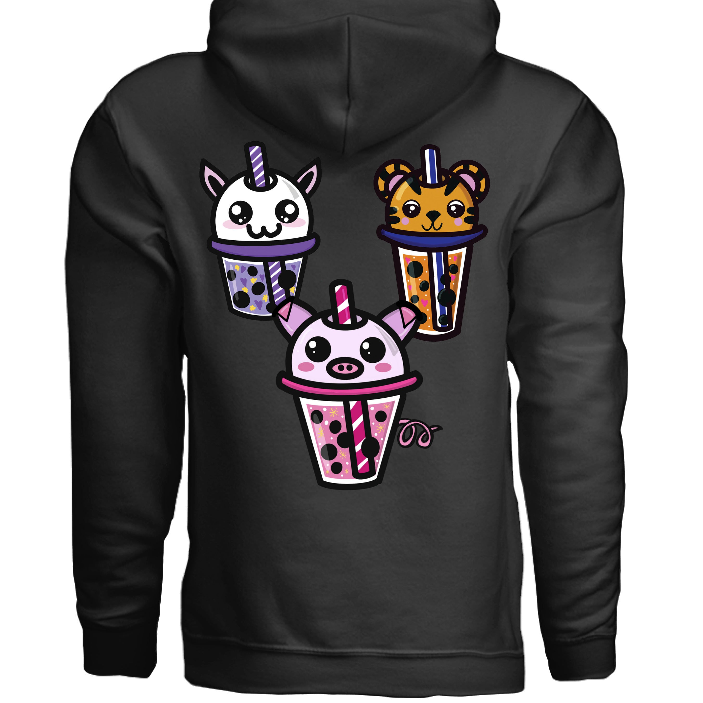 This is the Black Boba Friends Hoodie by Dazzle & Daggers Design.This is the back,three kawaii designs.The Piggy Boba is pink all over and the glass has pink liquid, boba, yellow sparkles,white dots and peppermint swirl like.Thai Tea Tiger is orange,orange liquid,black boba,white dots,red hearts,blue and white striped straw.The Cryptid Boba is white, urple and white swirl straw,purple liquid,black boba,yellow stars and purple hearts.The hood with drawstrings and large pocket below the design.