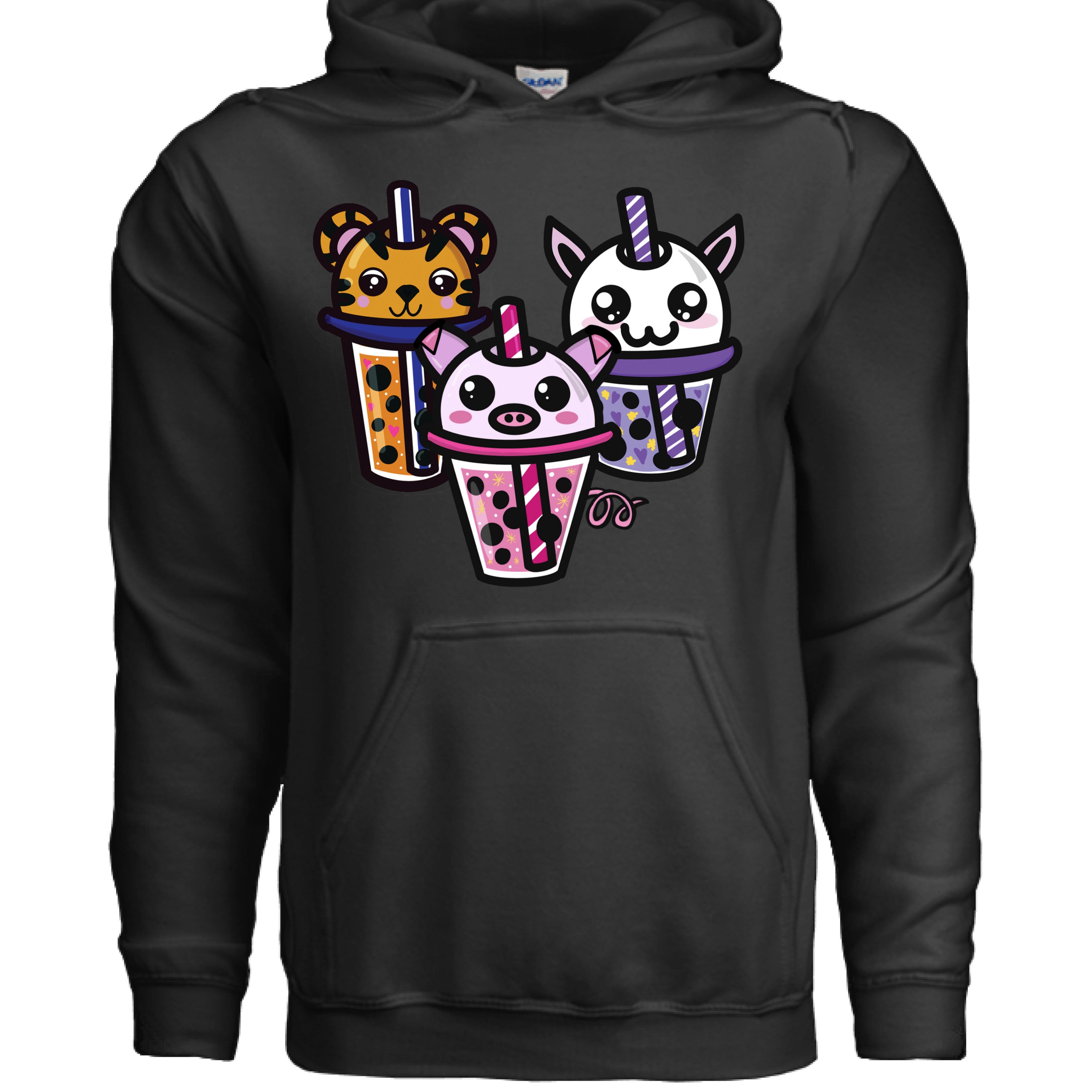 This is the Black Boba Friends Hoodie by Dazzle & Daggers Design.This is the front,three kawaii designs.The Piggy Boba is pink all over and the glass has pink liquid, boba, yellow sparkles,white dots and peppermint swirl like.Thai Tea Tiger is orange,orange liquid,black boba,white dots,red hearts,blue and white striped straw.The Cryptid Boba is white, urple and white swirl straw,purple liquid,black boba,yellow stars and purple hearts.The hood with drawstrings and large pocket below the design.