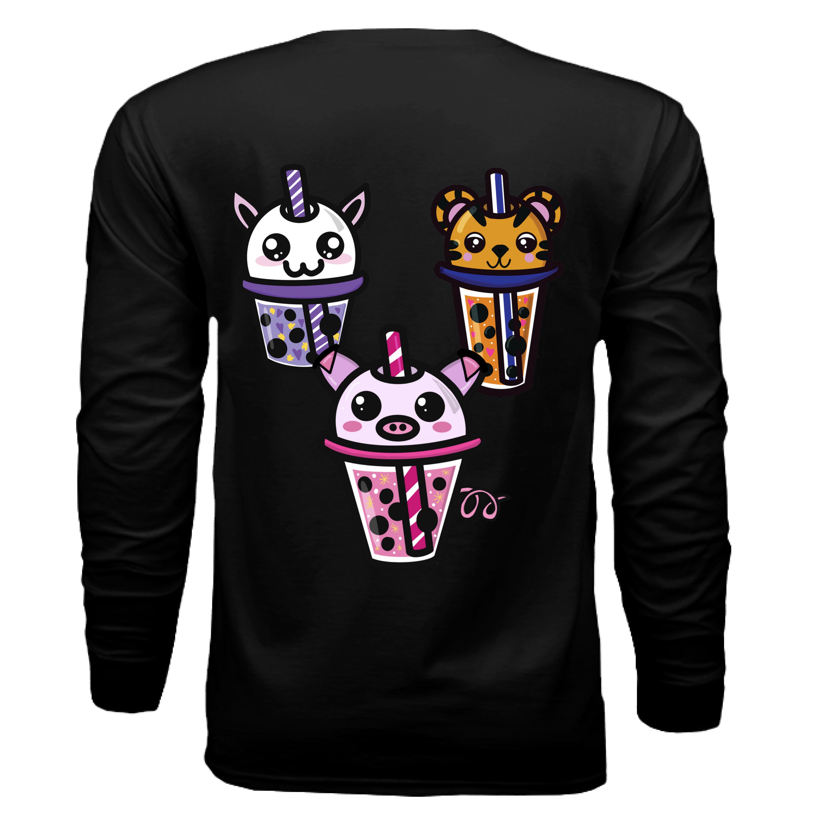 This is the Black Boba Friends Long Sleeve by Dazzle & Daggers Design. This is showcasing the back that features three kawaii designs in a triangle.The Piggy Boba is pink all over and the glass has pink liquid, boba, yellow sparkles,white dots and peppermint swirl like. Thai Tea Tiger is orange, orange liquid, black boba, white dots, red hearts, blue and white striped straw. The Cryptid Boba is white, purple and white swirl straw, purple liquid, black boba, yellow stars and purple hearts.