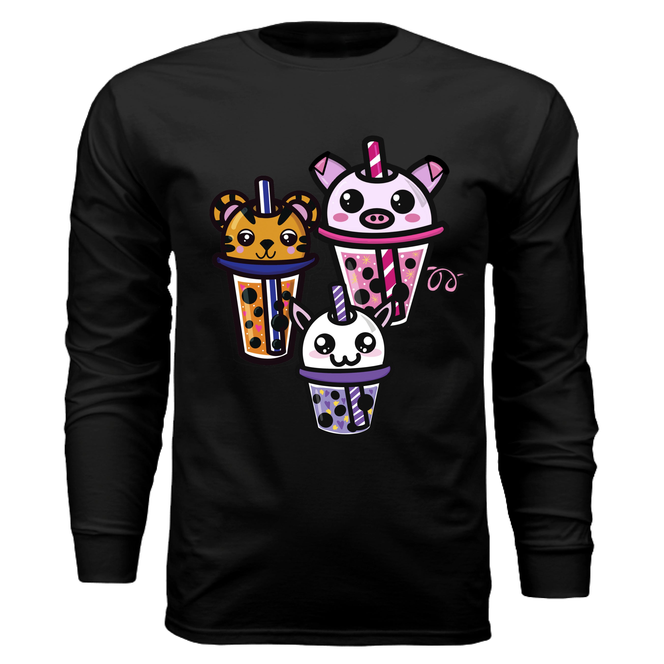 This is the Black Boba Friends Long Sleeve by Dazzle & Daggers Design. This is showcasing the front the pig is the biggest, then Tiger then Cryptid. The Piggy Boba is pink all over and the glass has pink liquid, boba, yellow sparkles,white dots and peppermint swirl like. Thai Tea Tiger is orange, orange liquid, black boba, white dots, red hearts, blue and white striped straw. The Cryptid Boba is white, purple and white swirl straw, purple liquid, black boba, yellow stars and purple hearts.