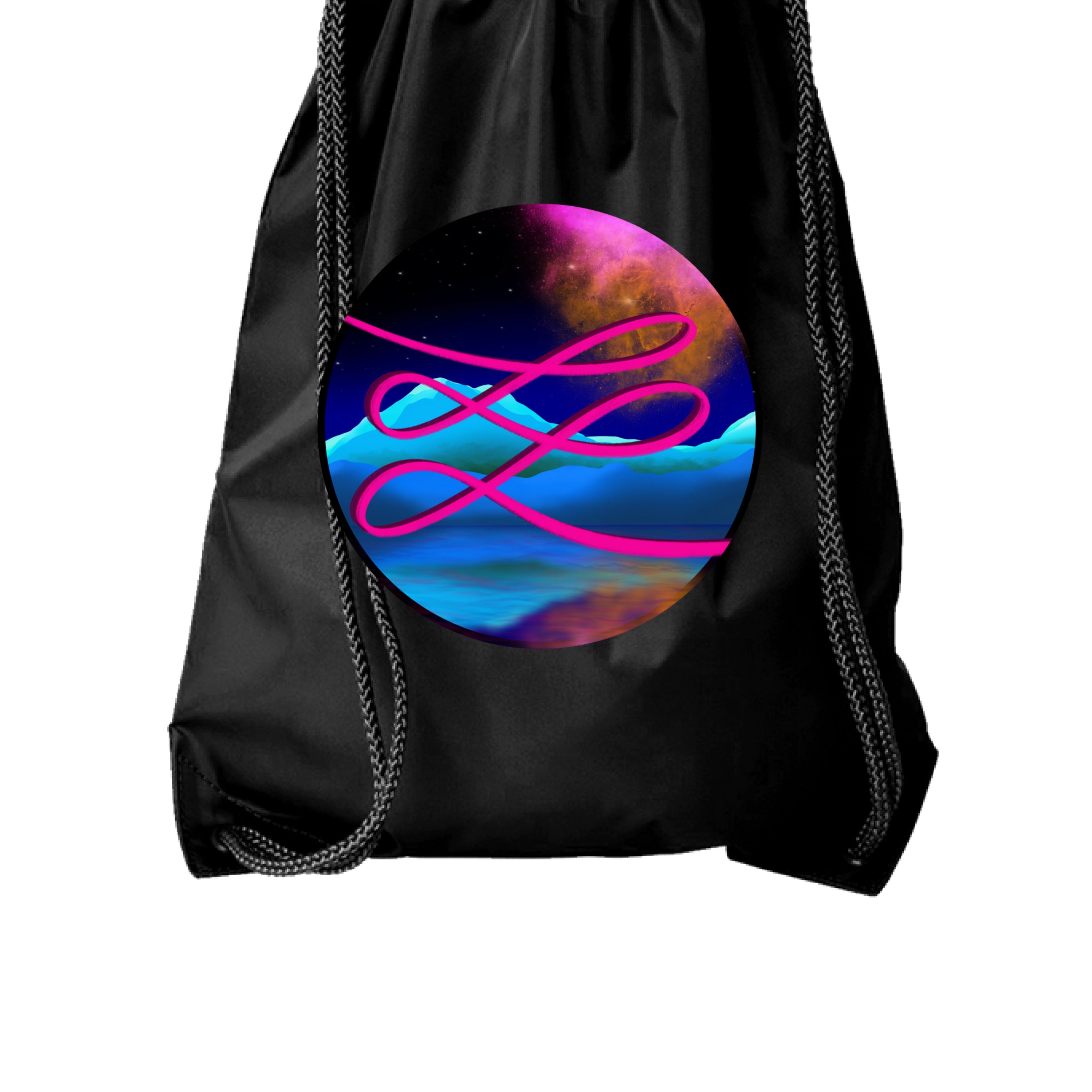 This is the Black Calligraphers Swirl Drawstring Bag by Lee Hansheng Studios. This is showcasing the front. The illustration is circular and has a neon pink handwritten lines across the whole art. The background is a cosmic drop with blue mountains, galaxy like sky with dark purple, pink and orange colors. The drawstrings are shown too. It is against a white background.