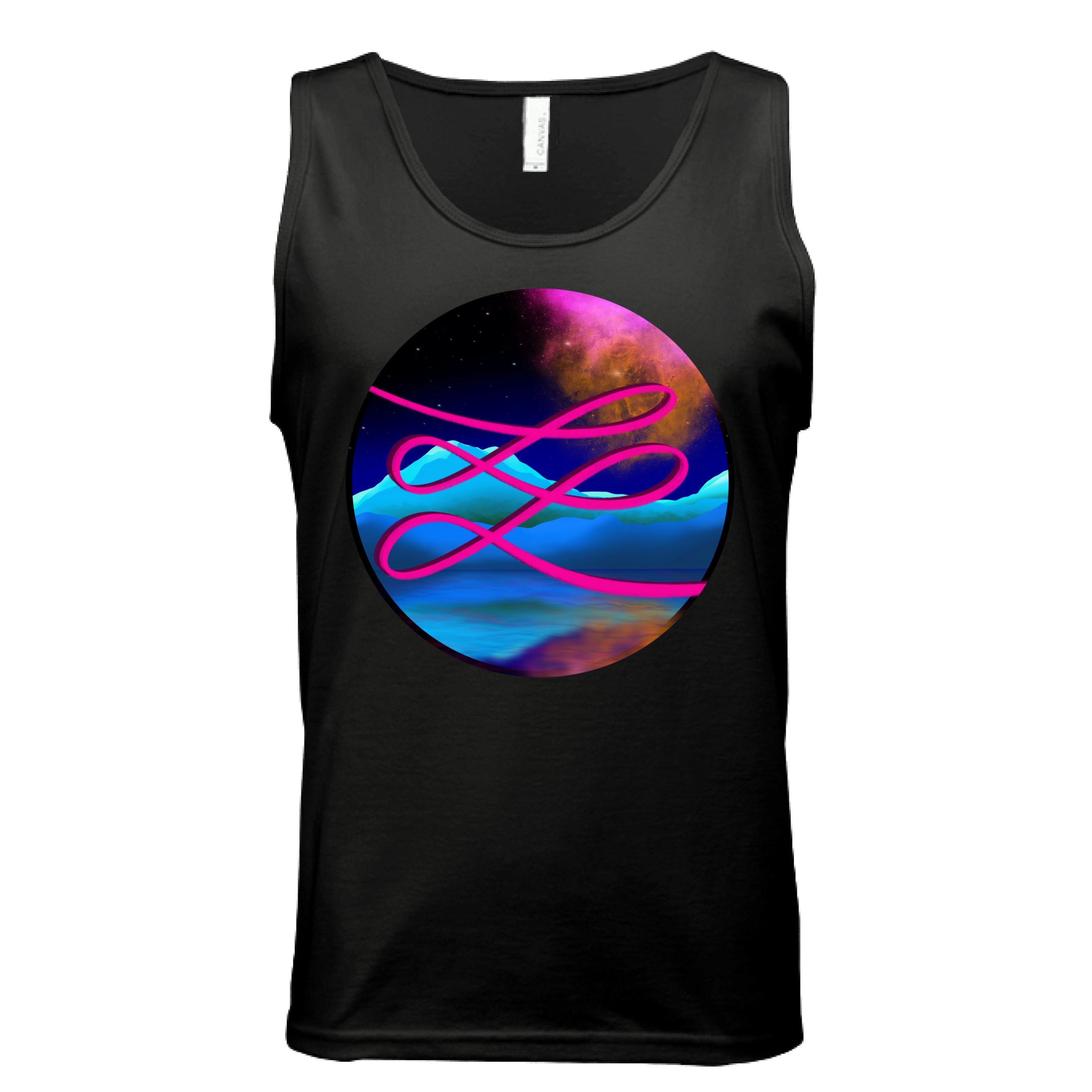 This is the Black Calligraphers Swirl Tank by Lee Hansheng Studios. This is showcasing the front. The illustration is circular and has a neon pink handwritten lines across the whole art. The background is a cosmic drop with blue mountains, galaxy like sky with dark purple, pink and orange colors. It is against a white background.