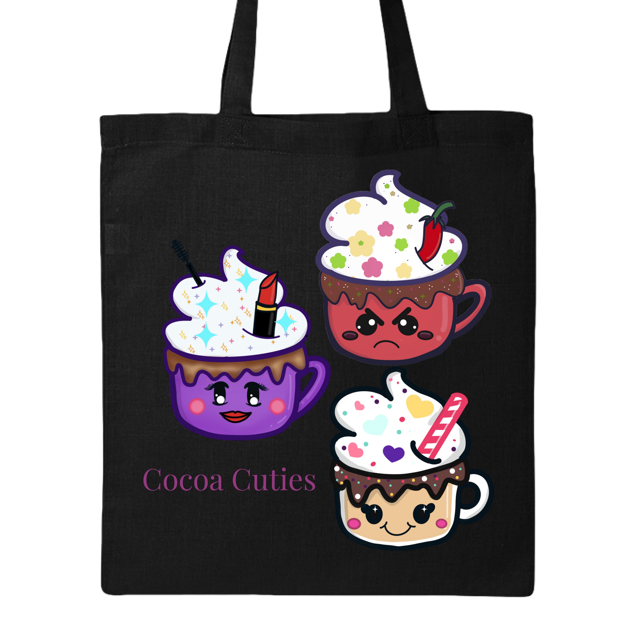 Black Cocoa Cuties Canvas Tote by Dazzle & Daggers Design illustrations on front.Purple cup,smiling face,red lips,round pink cheeks,large eyes w/mascara,w/sparkly toppings,whipped cream,red lipstick,mascara tip.Red cup,angry face,circular eyes,brown oval cheeks,mouth frowning,sparkly chocolate dripping on the cup topped w/flowery whipped cream and a chili.Tan glass cup,dots sprinkled chocolate,hearts whipped cream,red&white straw,cherryface w/pink cheeks,wing tipped eyes."Cocoa Cuties" in purple font. 