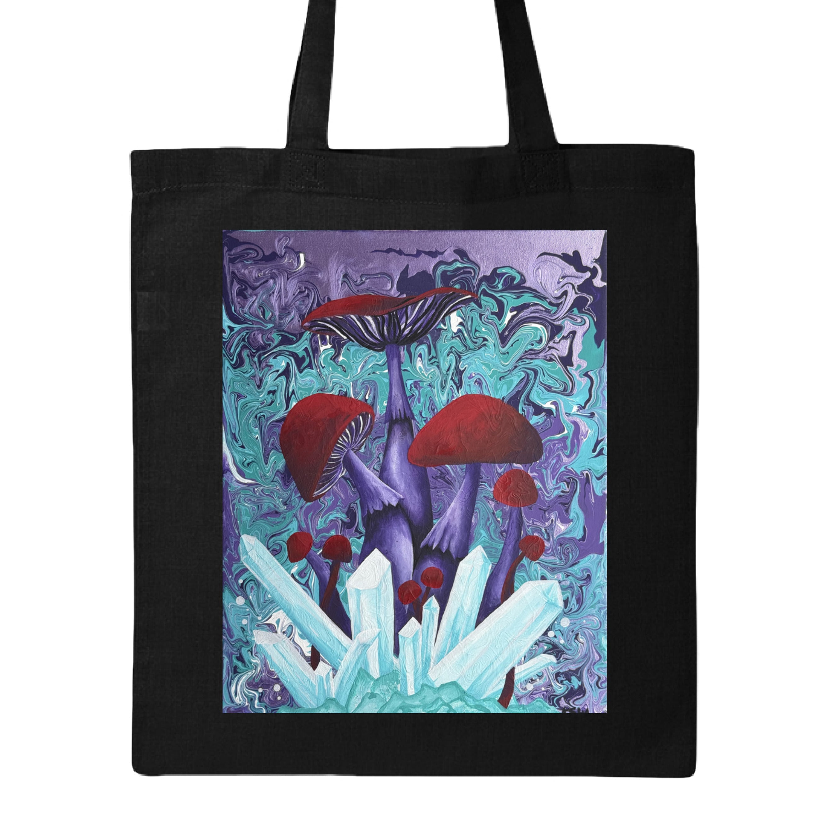 This is the Black Crystal Mushrooms Canvas Tote by Storm Garden Studio. This is showcasing the front of the tote. The illustration is rectangular and has a blue, purple, dark purple and white pouring or mixing in the background. In the forefront are blue and white crystals coming up from the ground. Behind that are different sizes of mushrooms, circular, rounded tops and flared with shades of red. The stems of the mushroom are dark purple. The tote is against a white background.