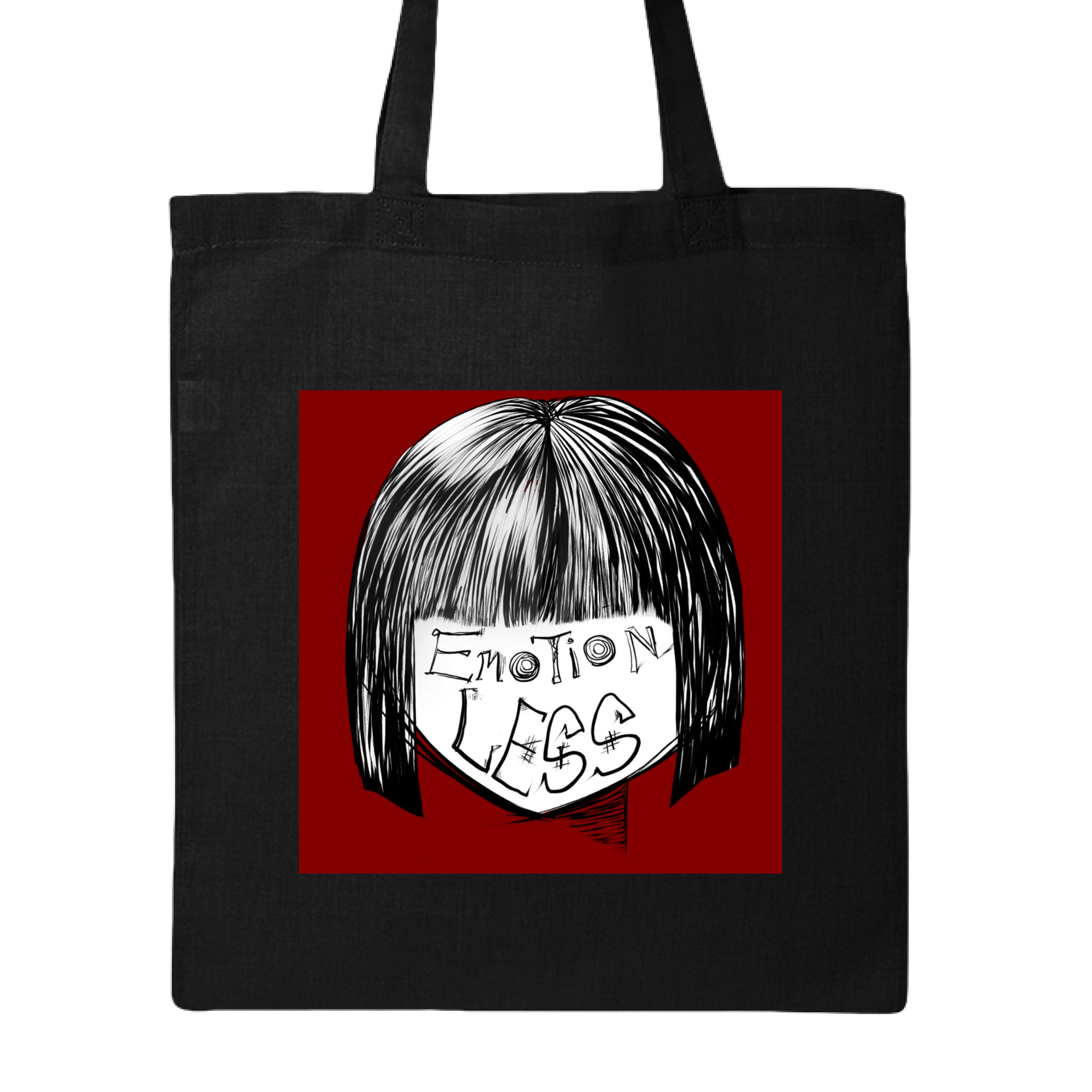 This is the Black Emotionless Canvas Tote by Lee Hansheng Studios. This is showcasing the front. This illustration is squared and features exploring themes of identity, silence, and hidden emotion through stark contrasts of black, white, and deep red. There are the words,"Emotionless" written in black on the face. Hair is white and black and the background is a dark deep red. The tote is against a white background. 