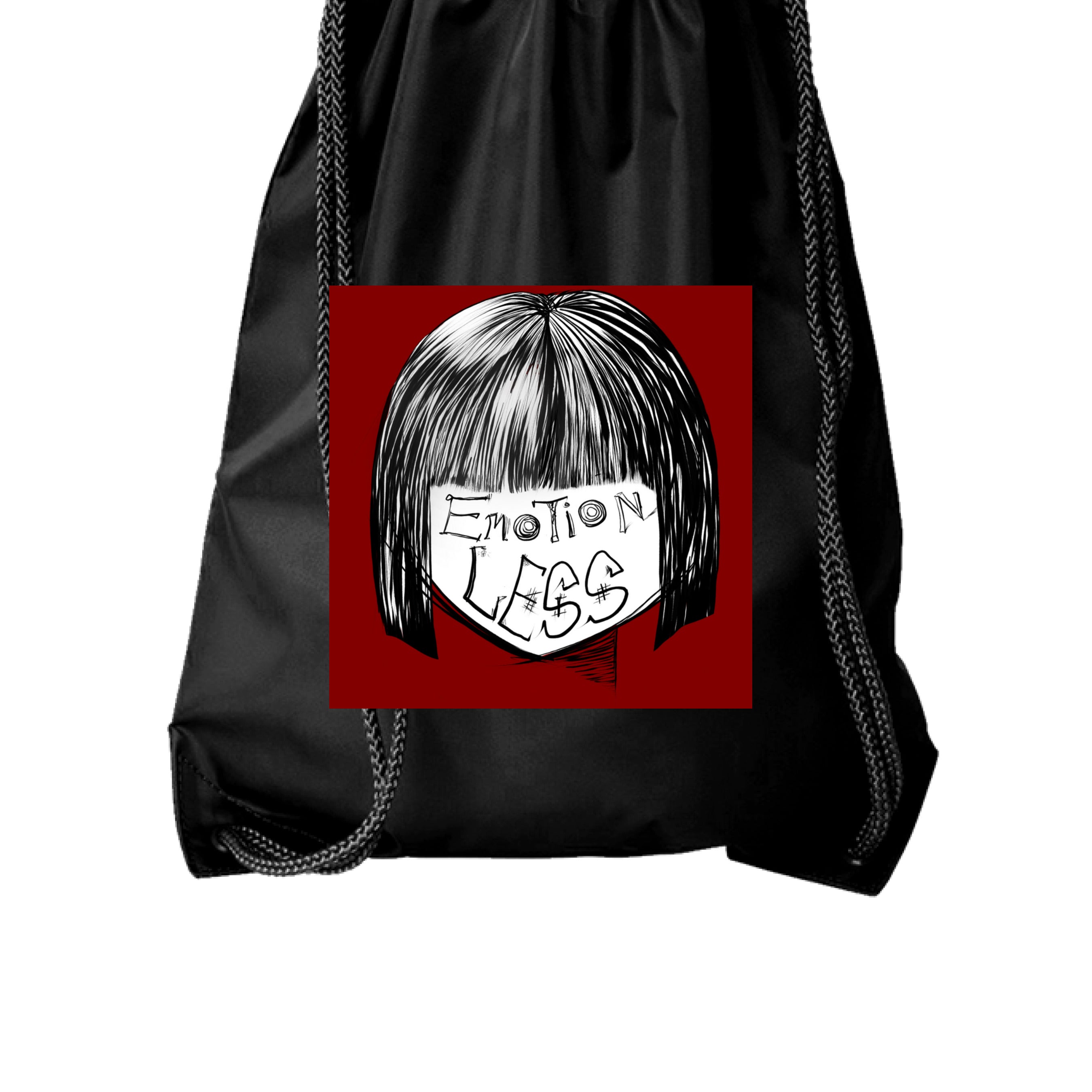 This is the Black Emotionless Drawstring Bag by Lee Hansheng Studios. This is showcasing the front. This illustration is squared and features exploring themes of identity, silence, and hidden emotion through stark contrasts of black, white, and deep red. There are the words,"Emotionless" written in black on the face. Hair is white and black and the background is a dark deep red. The bag is upright and against a white background.