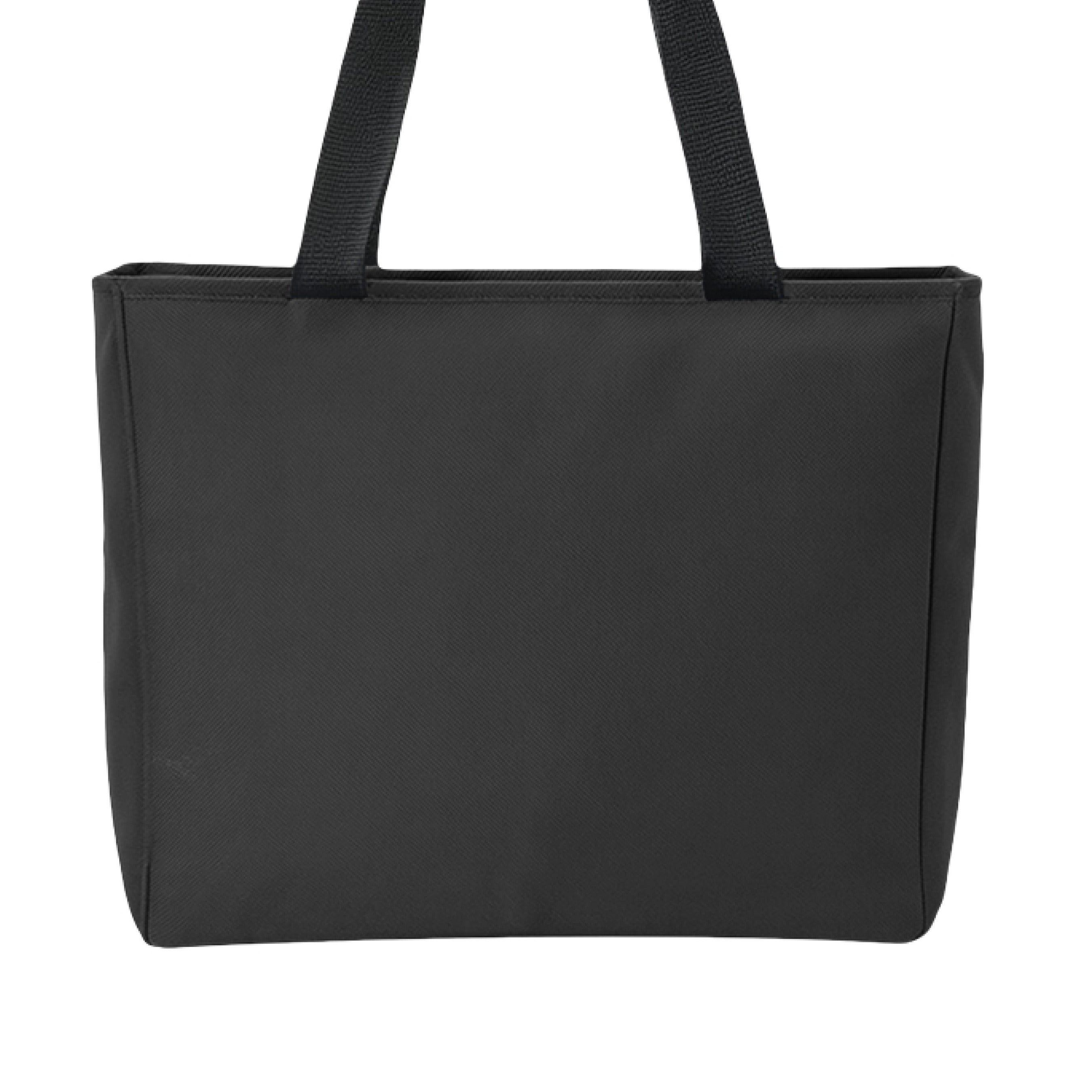 This is the Black Emotionless Zip Tote by Lee Hansheng Studios. This is showcasing the back. The handles are black. There are no illustrations or images. It is against a white background. 