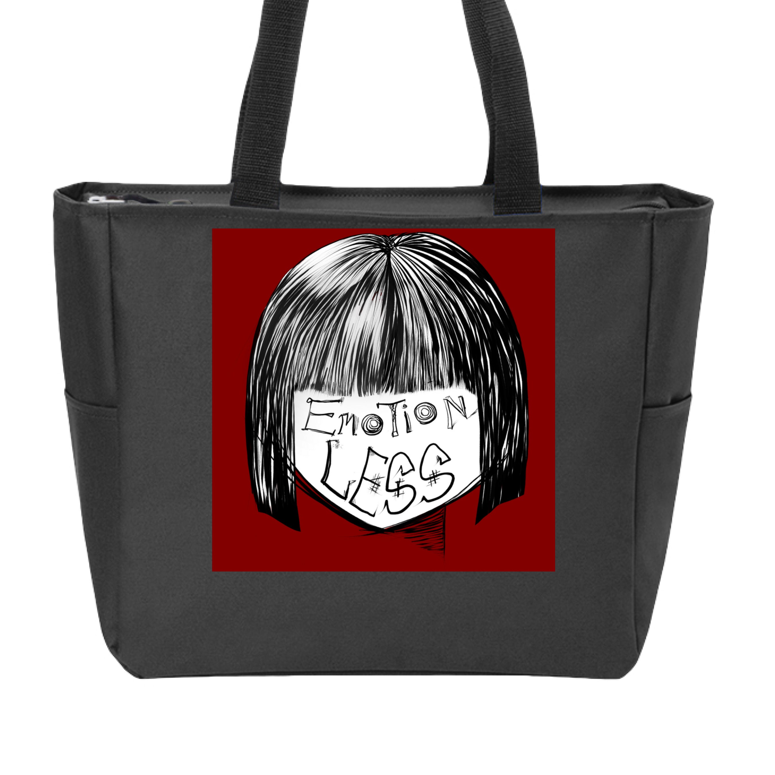 This is the Black Emotionless Zip Tote by Lee Hansheng Studios. This is showcasing the front. The handles are black. This illustration is squared and features exploring themes of identity, silence, and hidden emotion through stark contrasts of black, white, and deep red. There are the words,"Emotionless" written in black on the face. Hair is white and black and the background is a dark deep red. The tote is against a white background. 