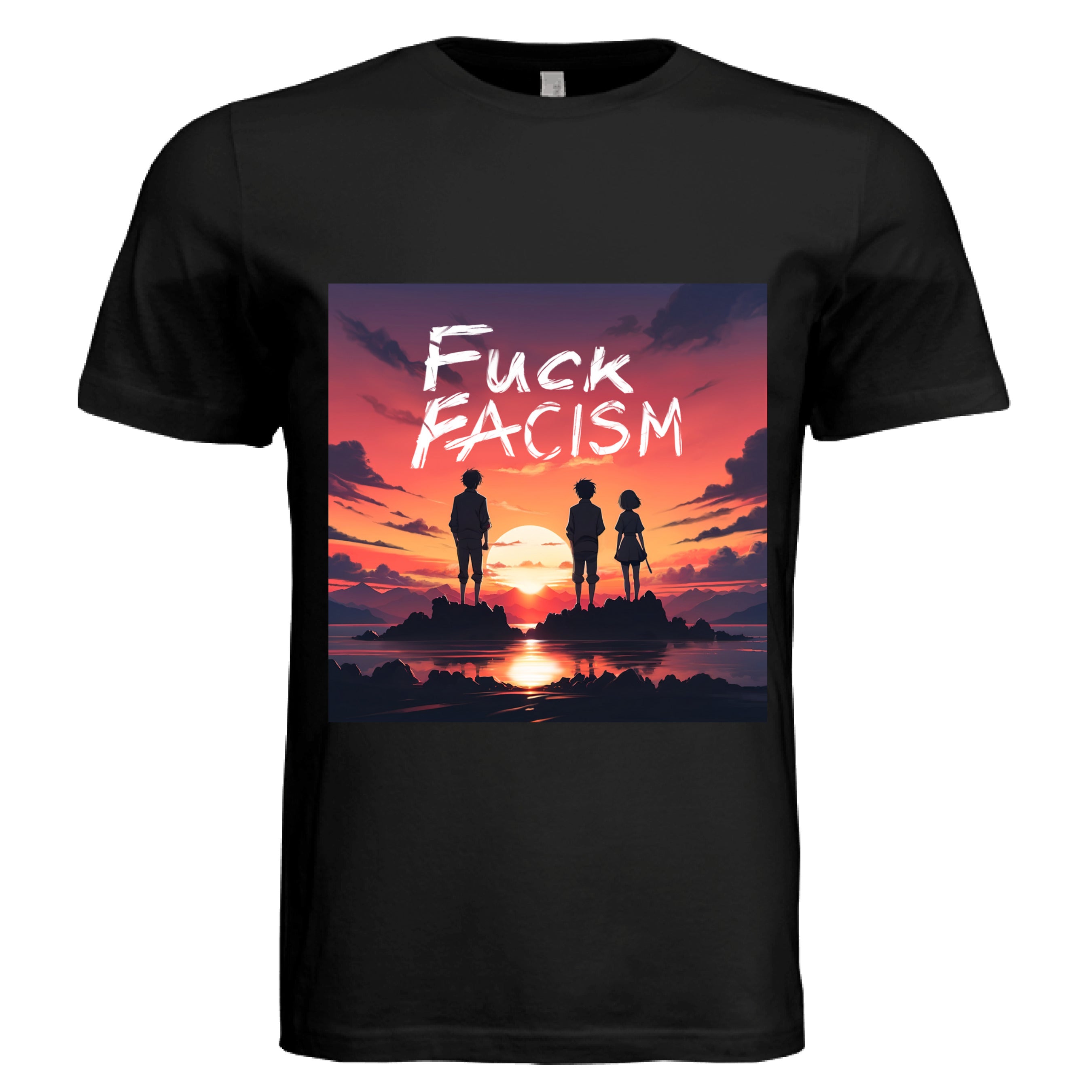 This is the Black Fuck Fascism T-Shirt by Lee Hansheng Studios. This is showcasing the front of the shirt. The illustration has a blazing yellow/red sunset sky, three figures, two guys, one lady stand united, their silhouettes facing towards the sunset on rocky land floating in the middle of the water. The words in white, "FUCK FACISM" near the top. Clouds surrounding the right and left of the shirt. The white size label can be seen from the back of the shirt. It is against a white background. 