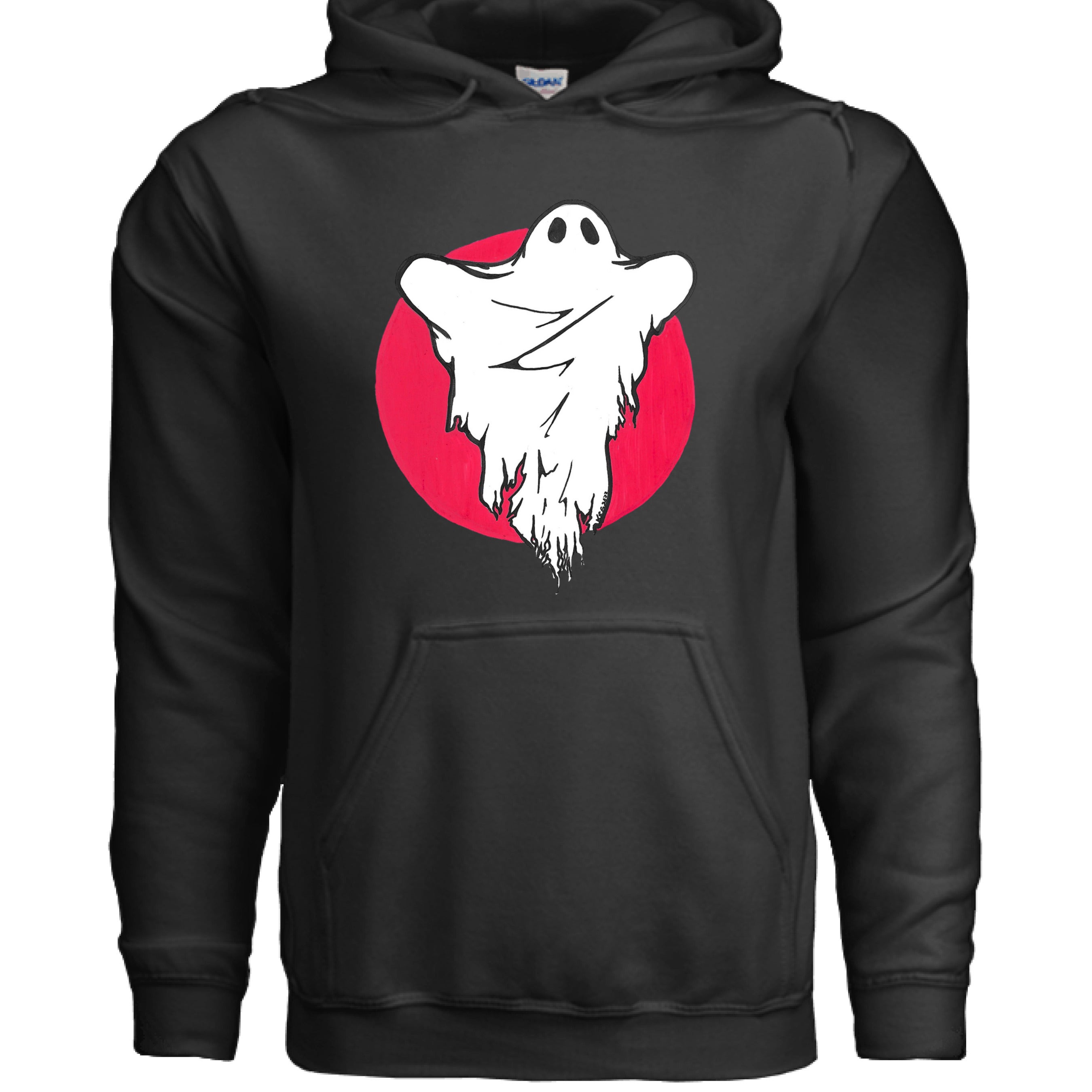 This is the Black Ghost Hoodie by Storm Garden Studio. This is showcasing the front of the hoodie. The illustration has a red circular background and a white ghost with black outline and black wrinkling around the middle. There are two drawstrings on the hoodie and a large pouch under the illustration. It is against a white background.