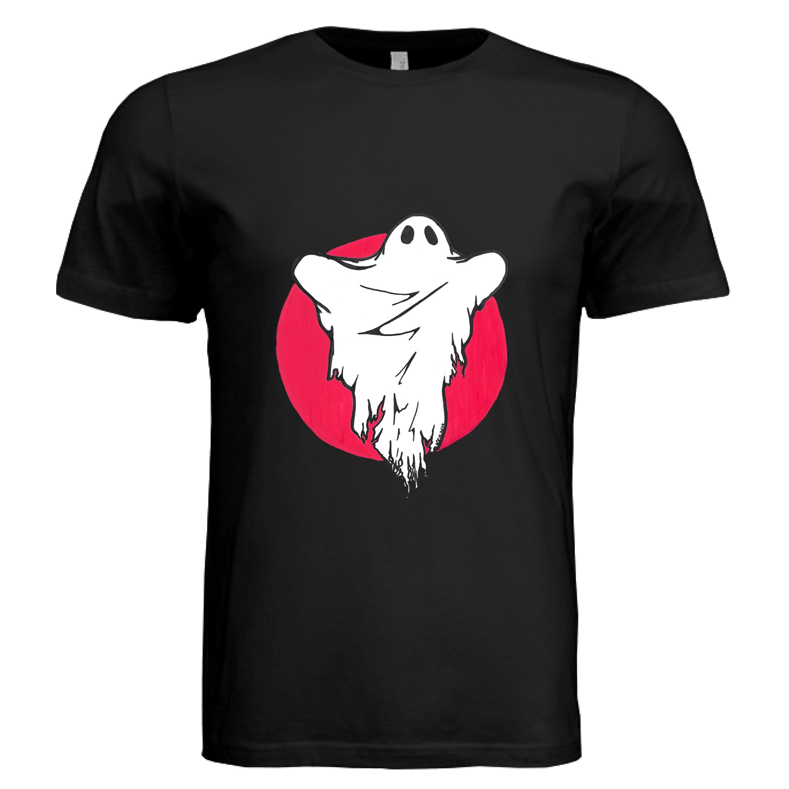 This is the Black Ghost T-Shirt by Storm Garden Studio. This is showcasing the front of the shirt. The illustration has a red circular background and a white ghost with black outline and black wrinkling around the middle. It is against a white background.