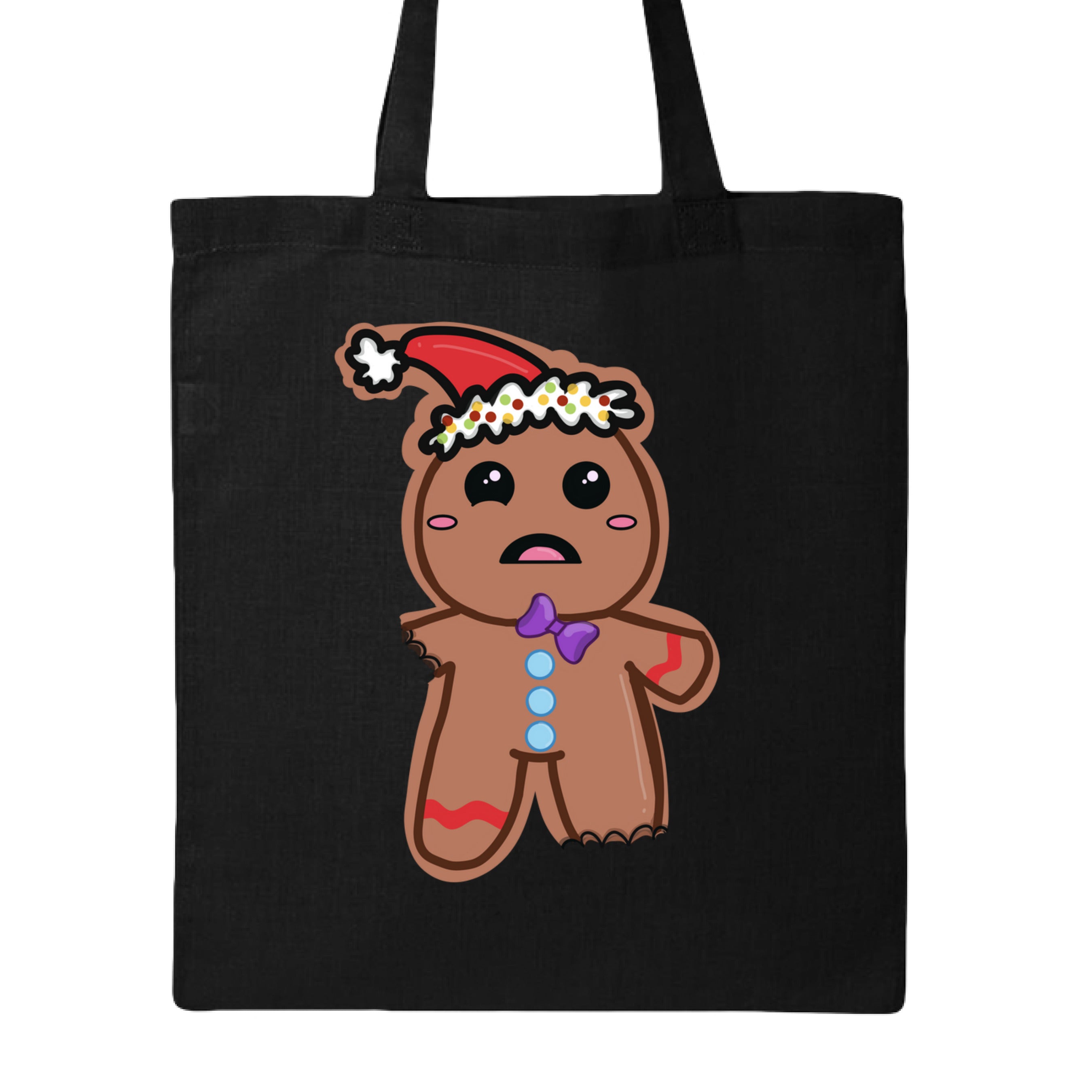 This is the Black Ginger Bread,Ginger Dead Canvas Tote by Dazzle & Daggers Design.This is showcasing the back of the tote.Illustration is of a brown ginger bread who is wincing in pain.The left leg and right leg have been bitten off.It's wearing a santa hat with a white puff on the tip and around the hat.The puff around the hat is polka dotted with yellow,red and green.Gingerbread has oval pink cheeks,open mouth,pink tongue,slanted purple tie,three light blue bottons through the middle of the body.