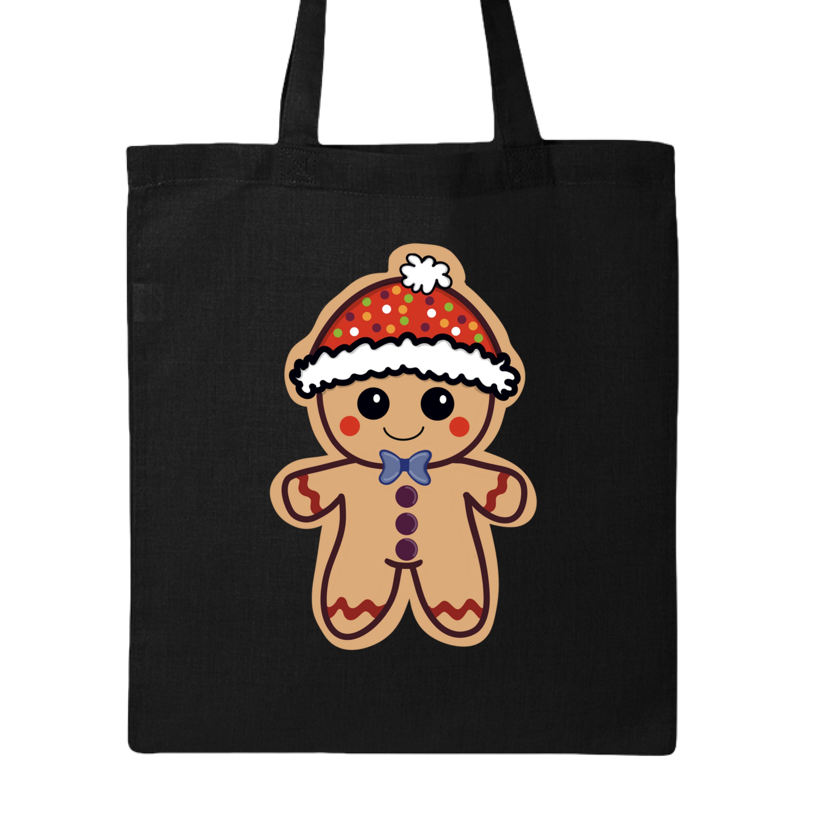 This is the Black Ginger Bread, Ginger Dead Canvas Tote by Dazzle & Daggers Design. This is showcasing the front of the tote. The illustration is of a tan ginger bread who is smiling, red circular cheeks, red zigzags on arm and legs. The gingerbread man is wearing a polka dotted hat with a white puff and lining around the hat. The polka dots are green, blue, purple white and orange. It is against a white background.