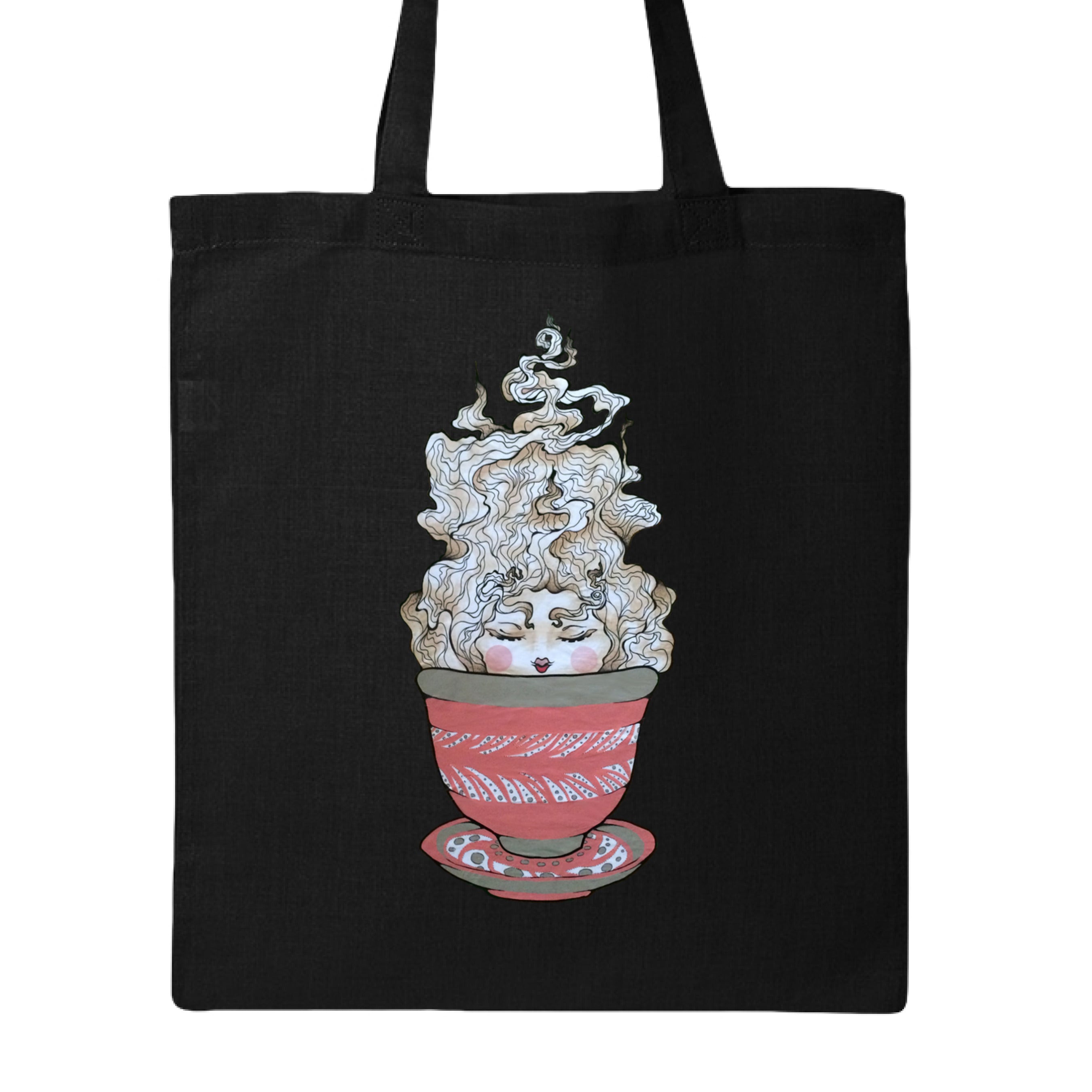 This is the Black Green Tea Canvas Tote by Chris Foster Design. This is showcasing the front of the tote. The illustration is a tea sprite. There's a woman's face with curly hair/steam that is white and tan/beige inside an intricately designed pink/red teacup with a saucer that has white and black dashes or swirl patterns. The tote is against a white background. 