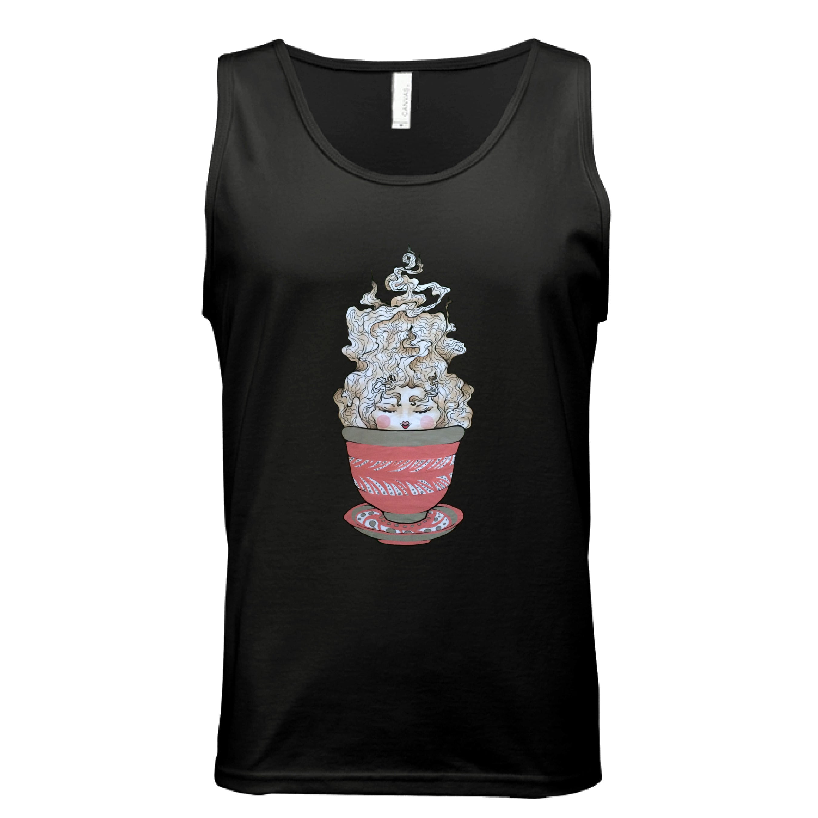 This is the Black Green Tea Tank by Chris Foster Design. This is showcasing the front of the tank. The illustration is a tea sprite. There's a woman's face with curly hair/steam that is white and tan/beige inside an intricately designed pink/red teacup with a saucer that has white and black dashes or swirl patterns. The size label can be seen from the front and inside of tank. The tank is against a white background. 