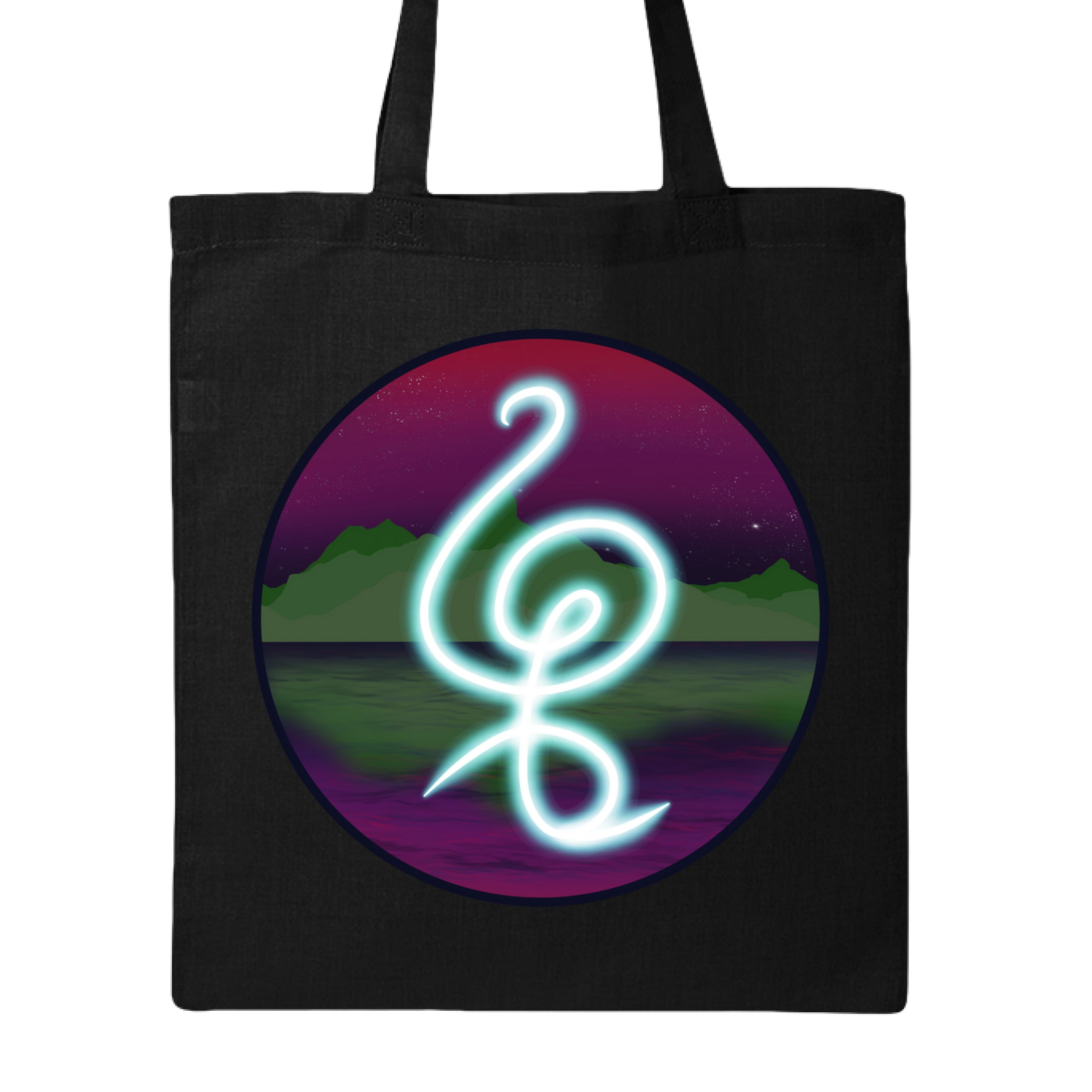 This is the Black Hakuna Matata Canvas Tote by Lee Hansheng Studios. This is showcasing the front. The illustration is circular and has a glowing, freeform symbol in luminous turquoise against a cosmic horizon of deep purples and greens with twinkling yellow stars. It is against a white background.  